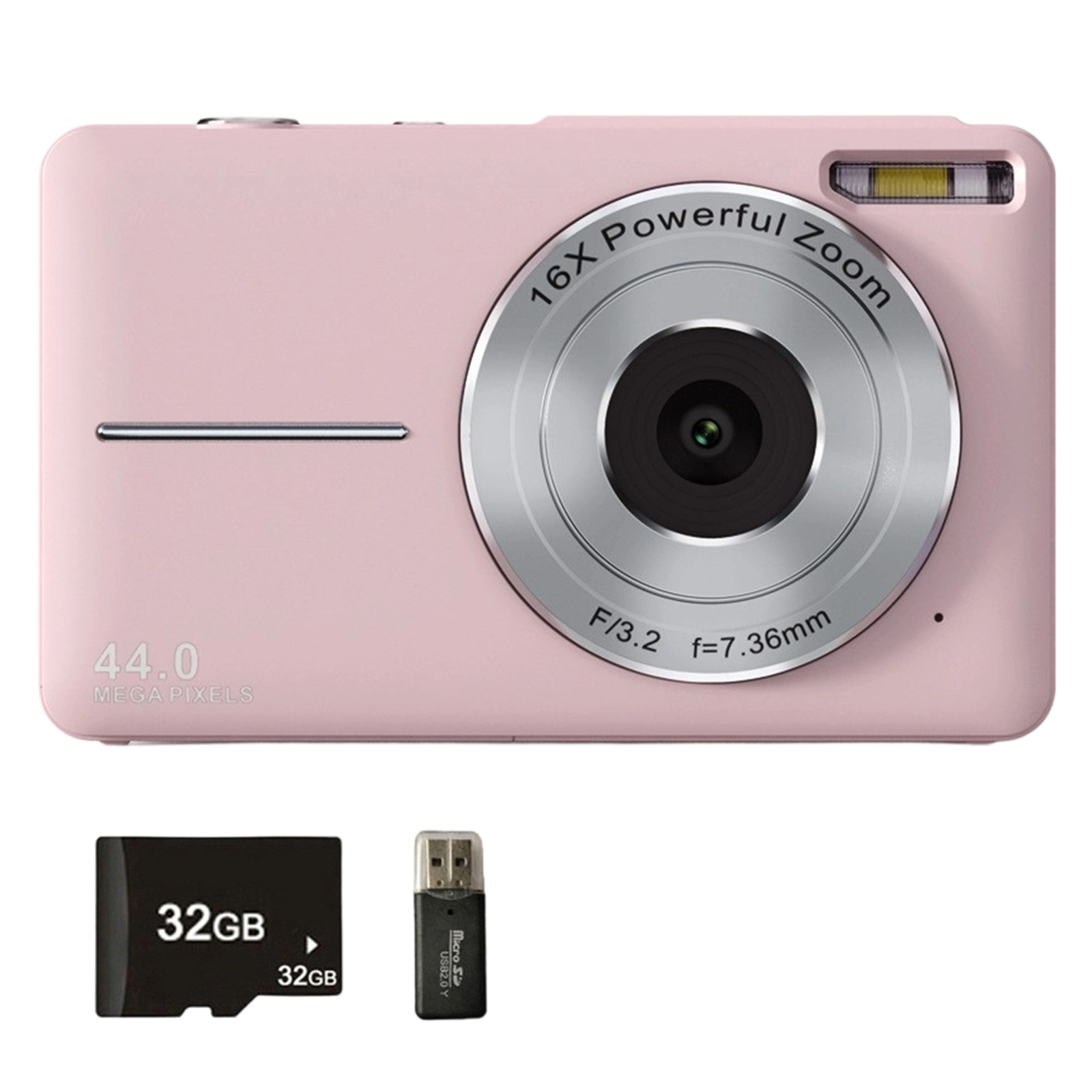 Rosa Digitalkamera mit 16x Zoom, 32GB SD-Karte und USB-Adapter. Verfügt über 44,0 Megapixel.
