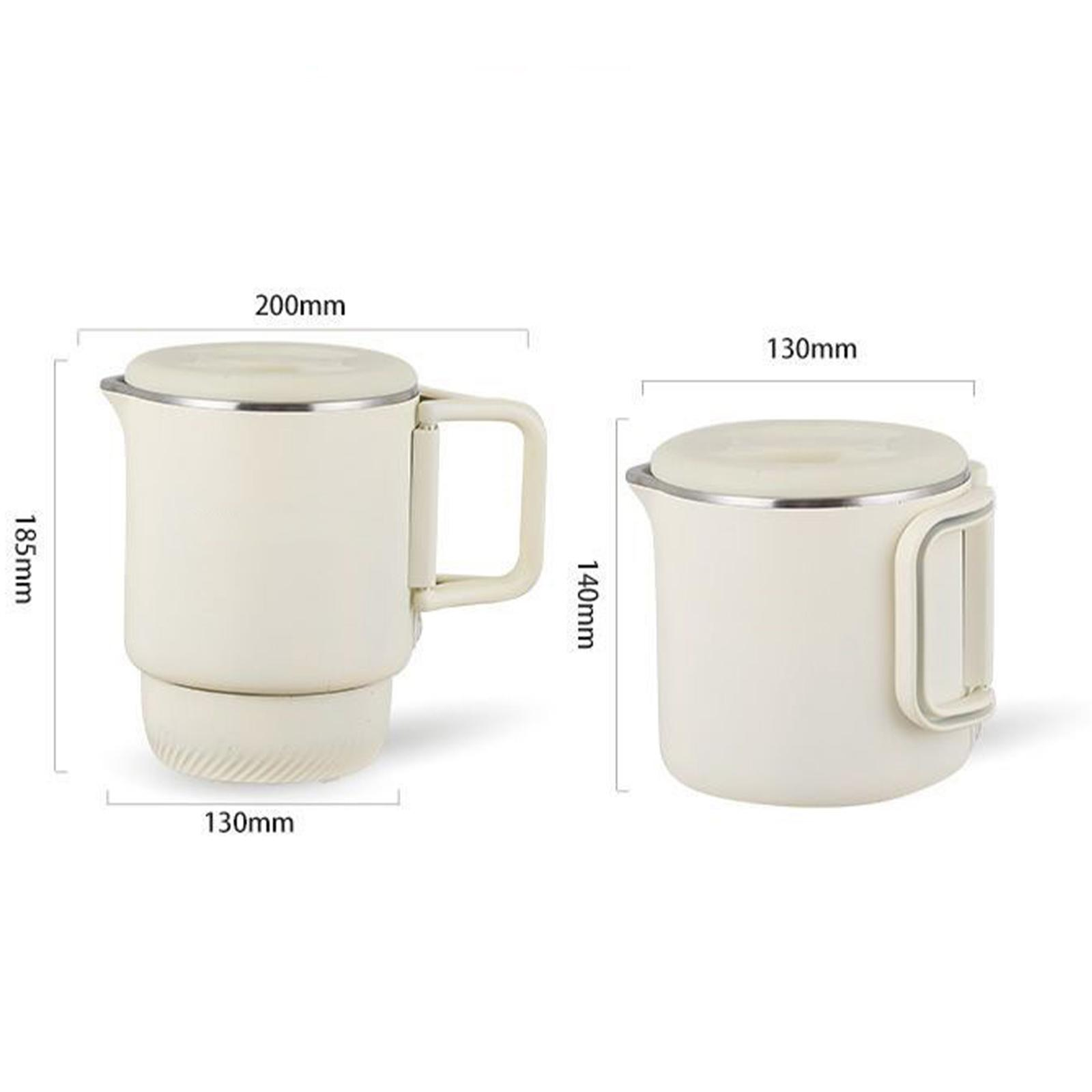 Zwei cremefarbene isolierte Becher mit Deckeln werden gezeigt. Abmessungen sind angegeben. Ein Becher hat einen Griff.