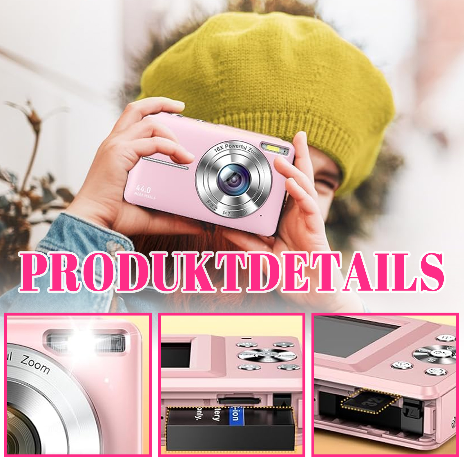 Eine Person hält eine rosa Digitalkamera, im Hintergrund ist ein gelber Hut. Produktdetails werden angezeigt.