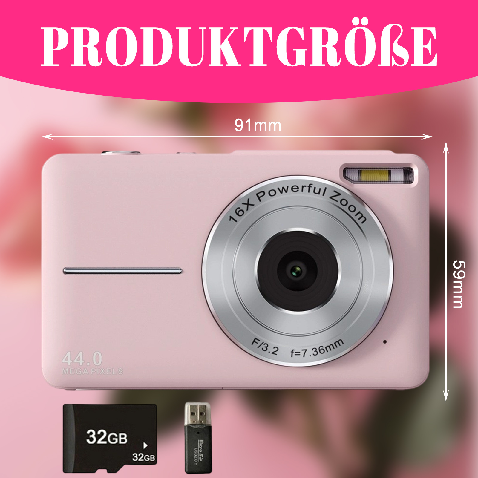 Rosa Kamera mit 16x Zoom, 44MP und 32GB SD-Karte, mit den Maßen: 91mm x 59mm.