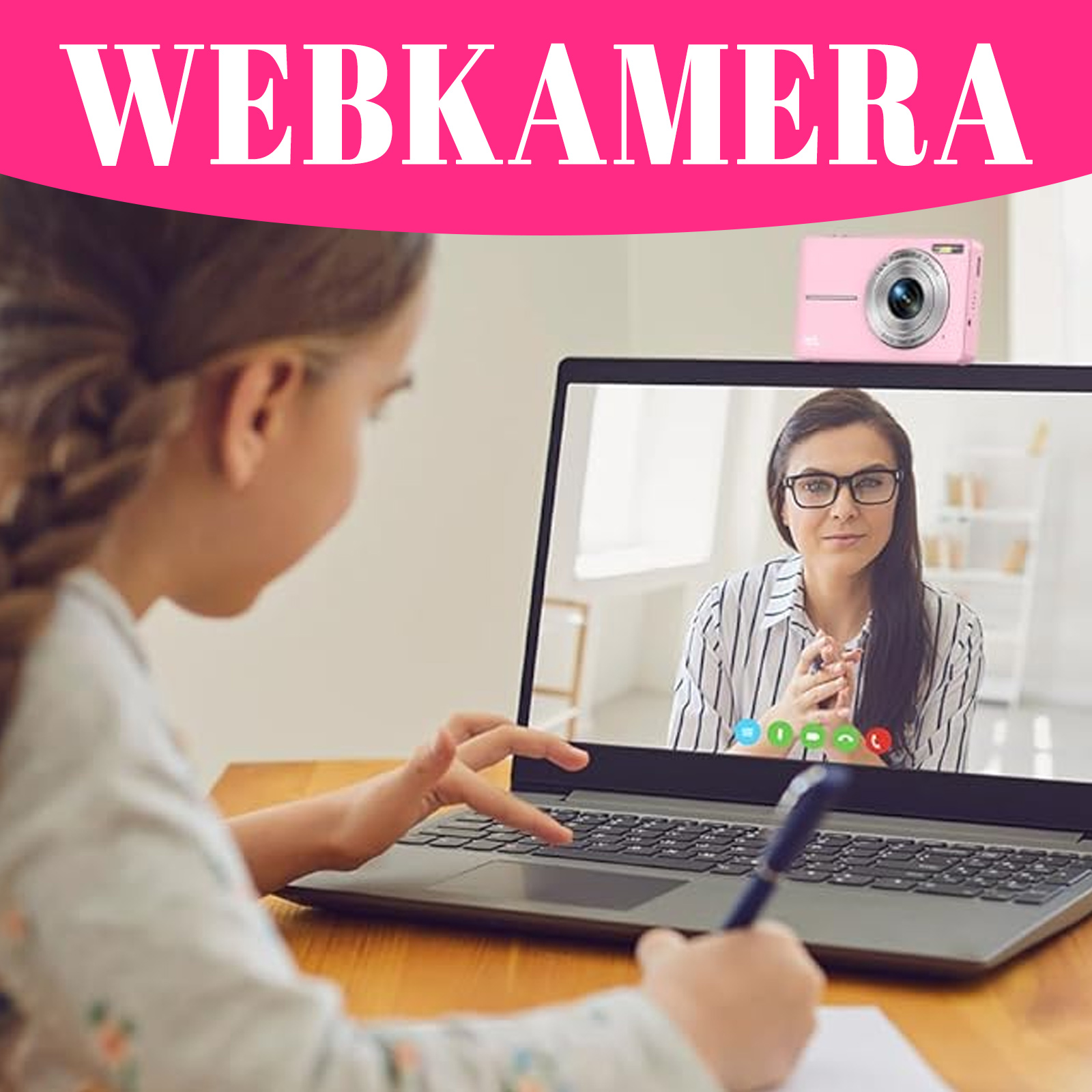 Ein Mädchen bei einem Videoanruf mit einem Laptop. Oben befindet sich eine pinke Webcam. Der Bildschirm zeigt eine andere Frau.