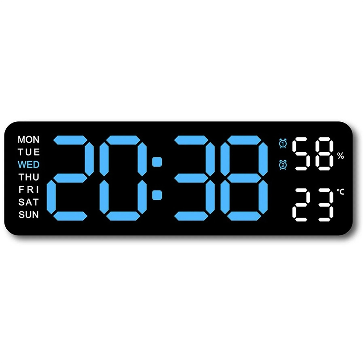 Digitaluhr zeigt 20:38 Uhr, Mittwoch, 58% Luftfeuchtigkeit und 23°C. Schwarzer Hintergrund, weißer Rand, blaue Zahlen.