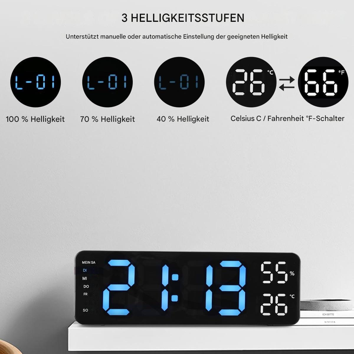 Digitaluhr mit Zeit-, Temperatur- und Helligkeitseinstellungen. Zeigt Zeit, Luftfeuchtigkeit und Celsius/Fahrenheit an.