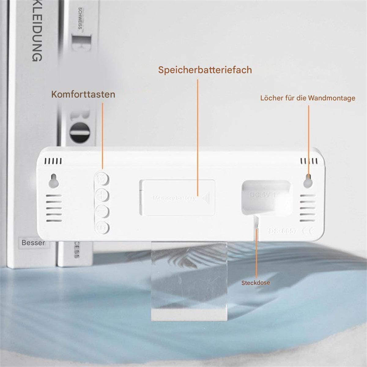 Weißer Digitalwecker mit beschrifteten Funktionen, auf einem Glasblock. Textbezeichnungen umfassen Komforttasten und Batteriefach.