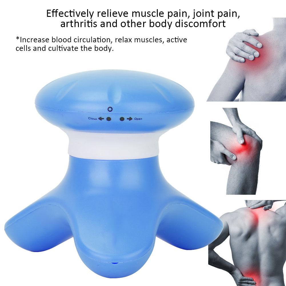 Blaues Massagegerät. Text: Schmerzlinderung. Bilder von schmerzenden Körperstellen.