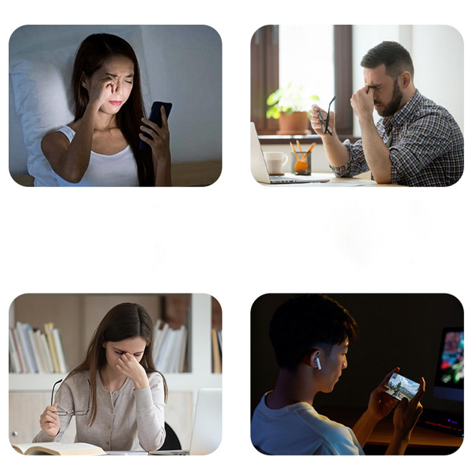 Vier Personen mit Augenbelastung. Einer im Bett mit Telefon, einer am Schreibtisch, einer mit Brille und einer spielt.