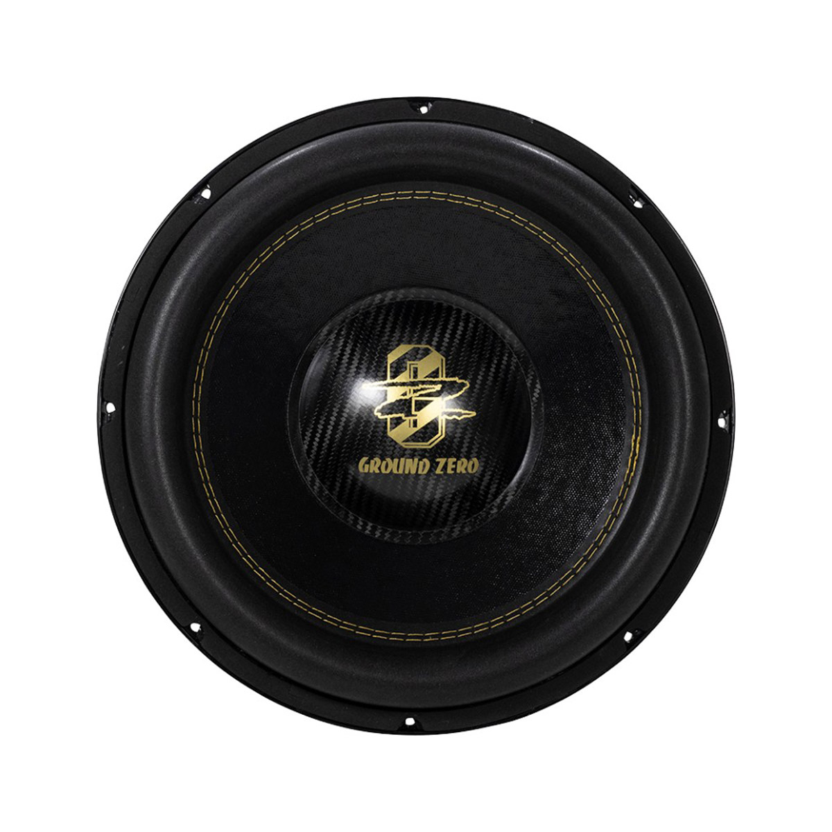 Schwarzer Ground Zero Subwoofer. Goldene Nähte. Kohlefaser-Konus mit goldenem Logo und Text. Weißer Hintergrund.