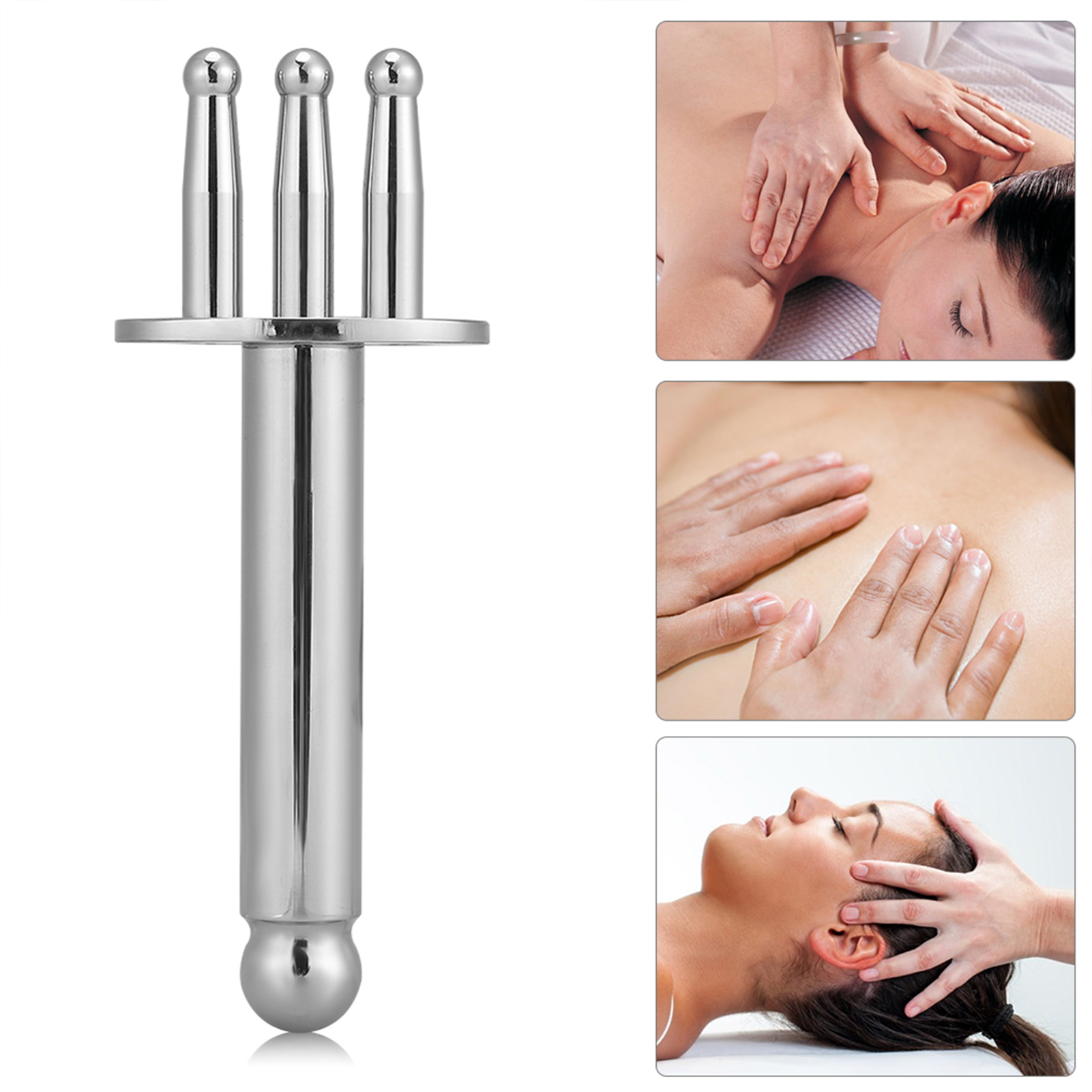 Auf der linken Seite ein Massagegerät aus Chrom. Auf der rechten Seite drei Massageszenen: Hände, die Nacken, Rücken und Gesicht massieren.