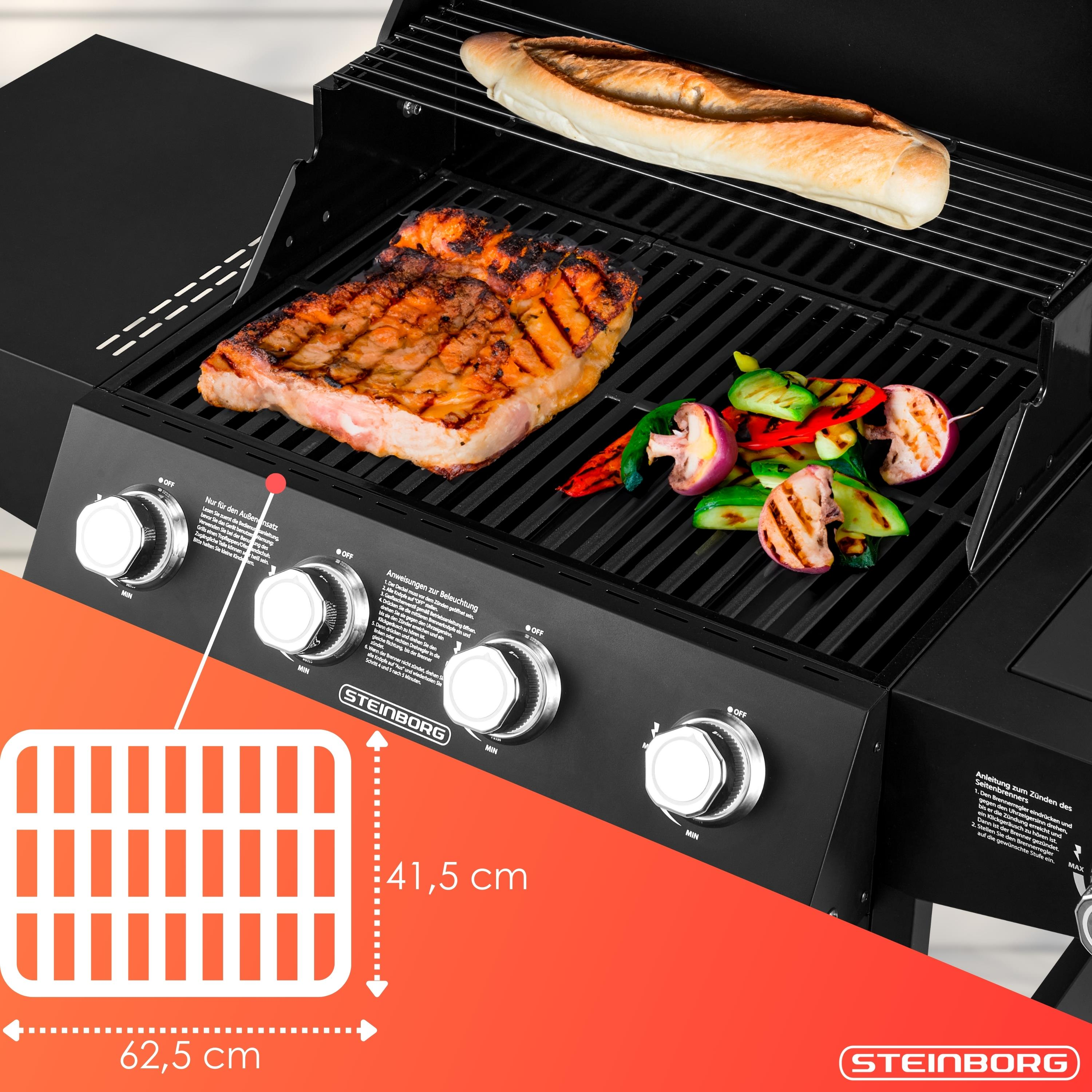 Grill mit Steak, Gemüse und Brot. Schwarzer Grill, oranger Hintergrund.