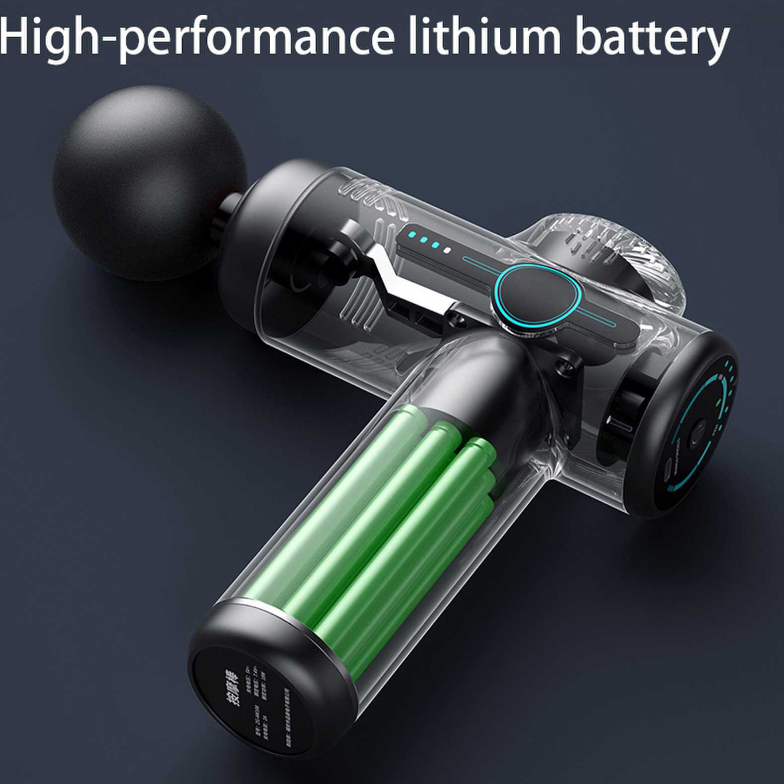 Ein transparentes Massagegerät mit grünen Batterien im Inneren. Das Gerät ist schwarz und hat eine schwarze Kugel oben. Der Hintergrund ist dunkelblau.