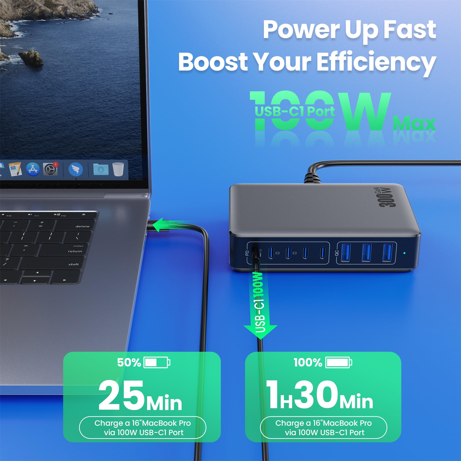 Laptop mit Ladehub verbunden. Grüne Pfeile heben die USB-C-Verbindungen hervor. Zeigt Ladezeiten auf blauem Hintergrund.