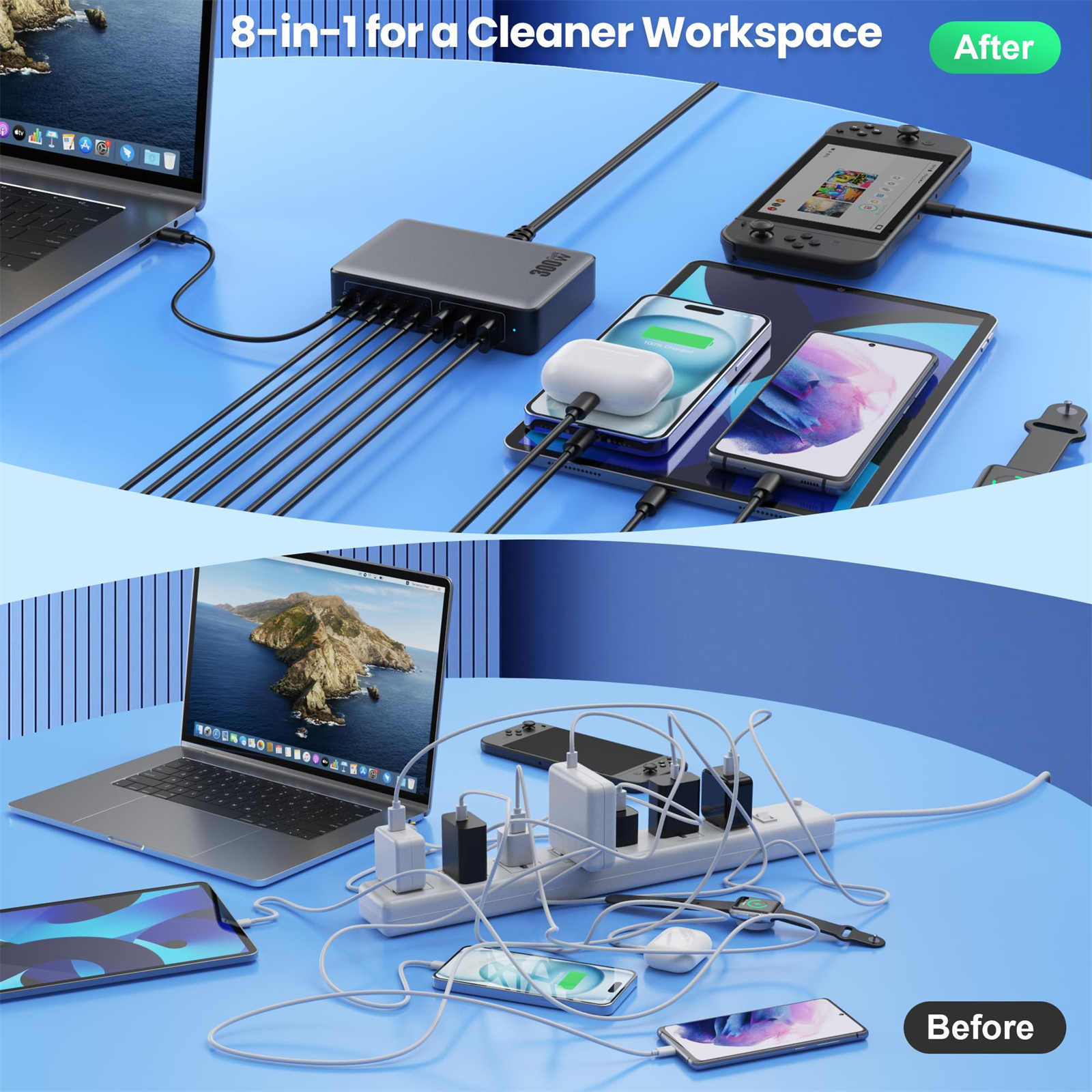 Das Bild zeigt eine unordentliche Steckdosenleiste vs. ein sauberes Setup mit einem 8-in-1-Ladegerät. Geräte wie Laptops, Telefone und Tablets.