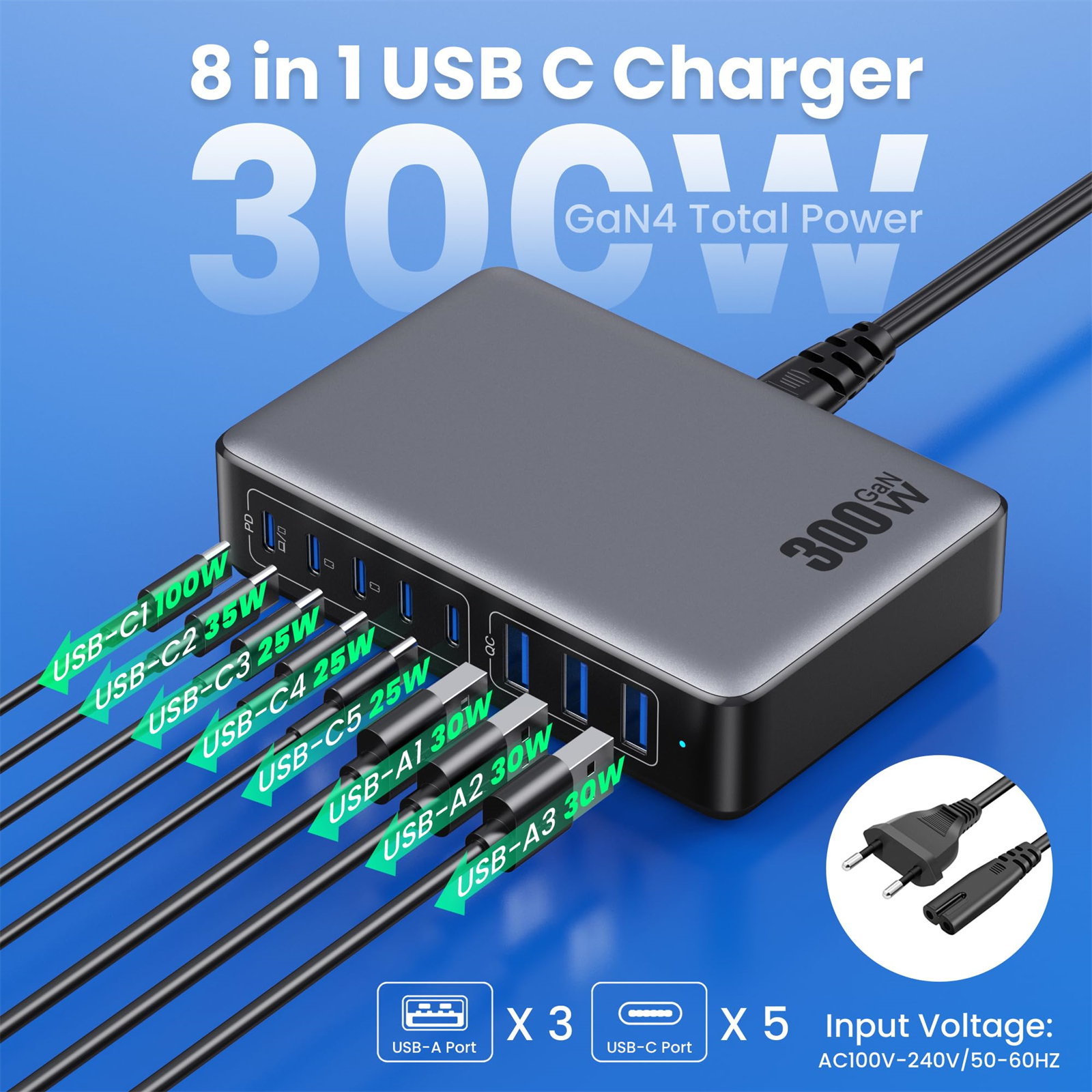 Ein 8-in-1 USB-C-Ladegerät mit mehreren Anschlüssen und Kabeln. Es hat eine Gesamtleistung von 300 W und wird von GaN4-Technologie betrieben.