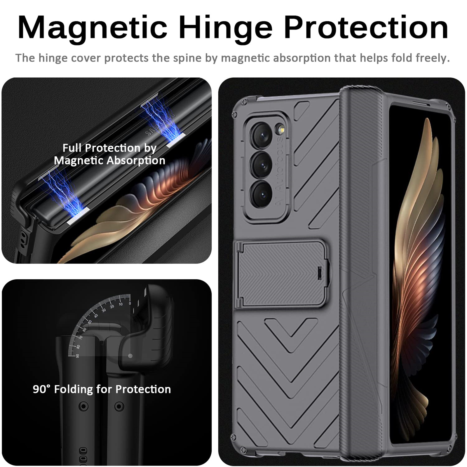 Das Bild zeigt eine Handyhülle mit magnetischem Scharnierschutz. Es hat ein Falt-Design und schützt die Wirbelsäule.