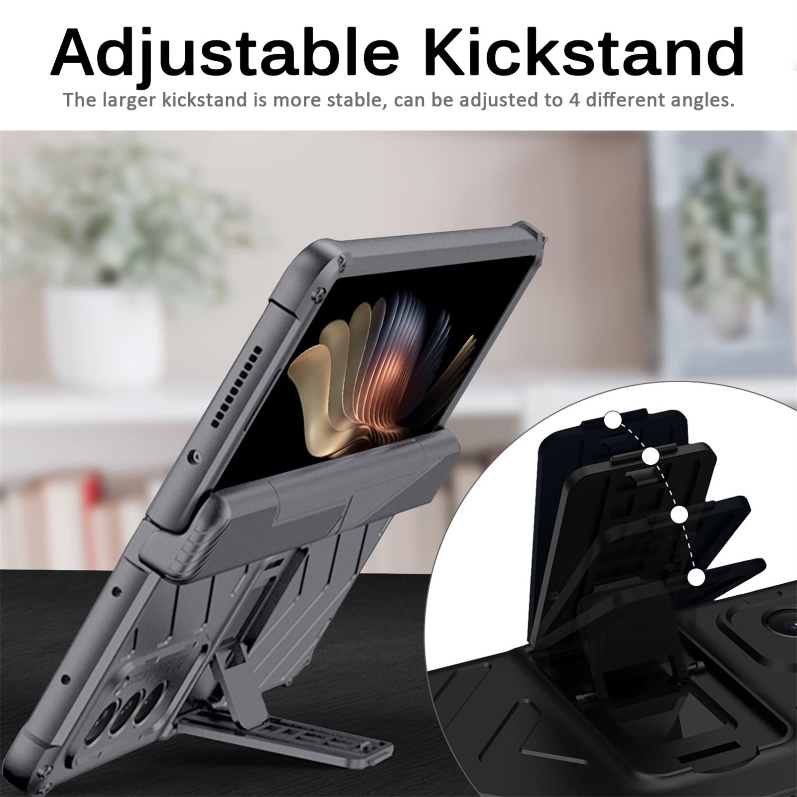 Graues Tablet in einem Ständer mit verstellbaren Winkeln. Eine Nahaufnahme zeigt den Verstellmechanismus.