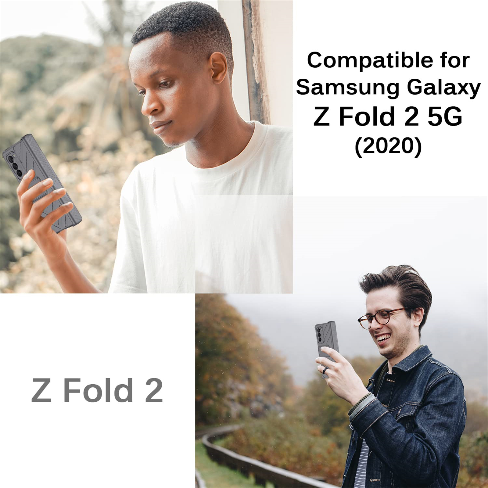 Zwei Männer halten Telefone, einer schaut auf den Bildschirm. Text: Kompatibel für Samsung Galaxy Z Fold 2 5G (2020).