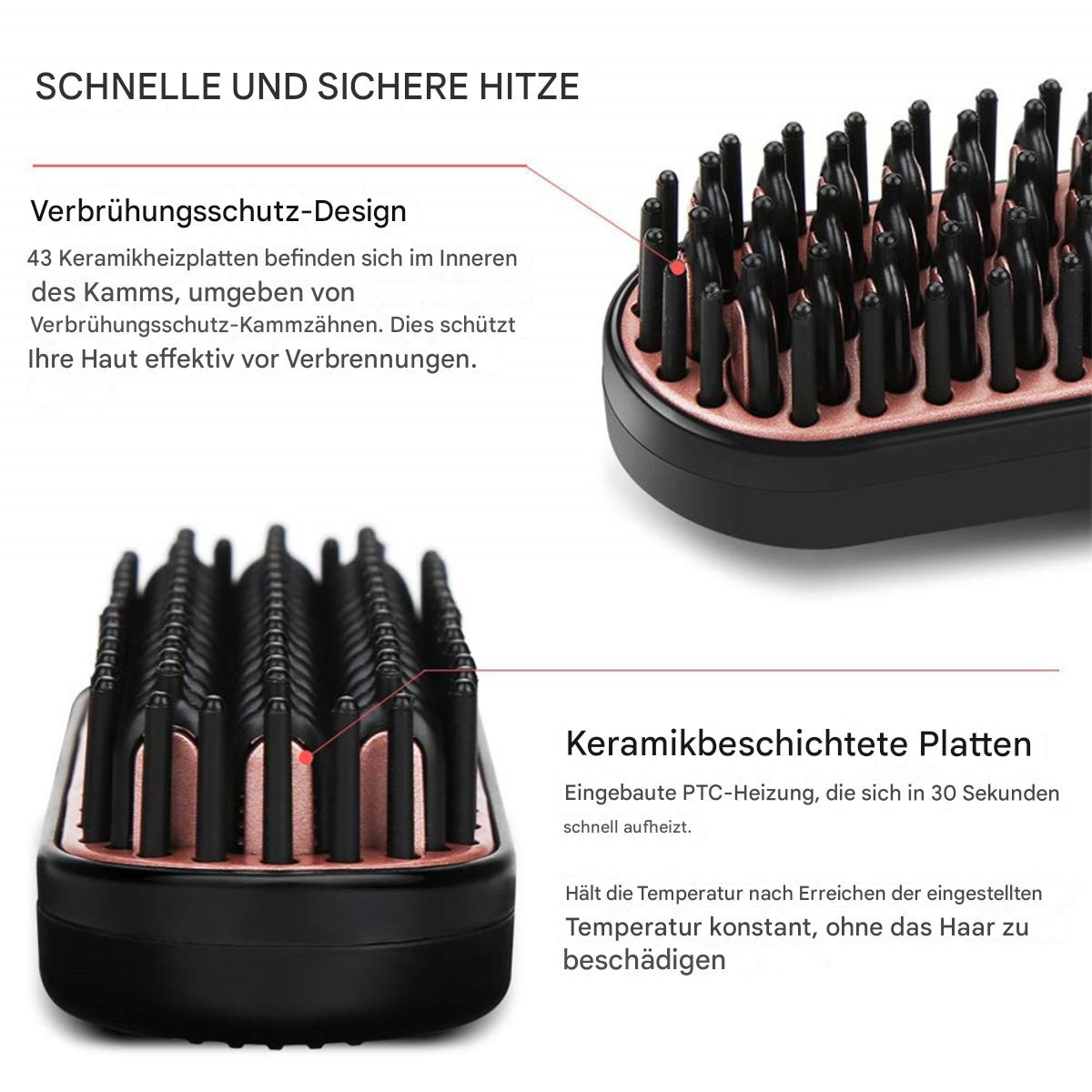 Eine Haarglättungsbürste mit schwarzen Borsten und roségoldfarbenen Akzenten. Sie hat keramikbeschichtete Platten und ein Verbrühungsschutz-Design.