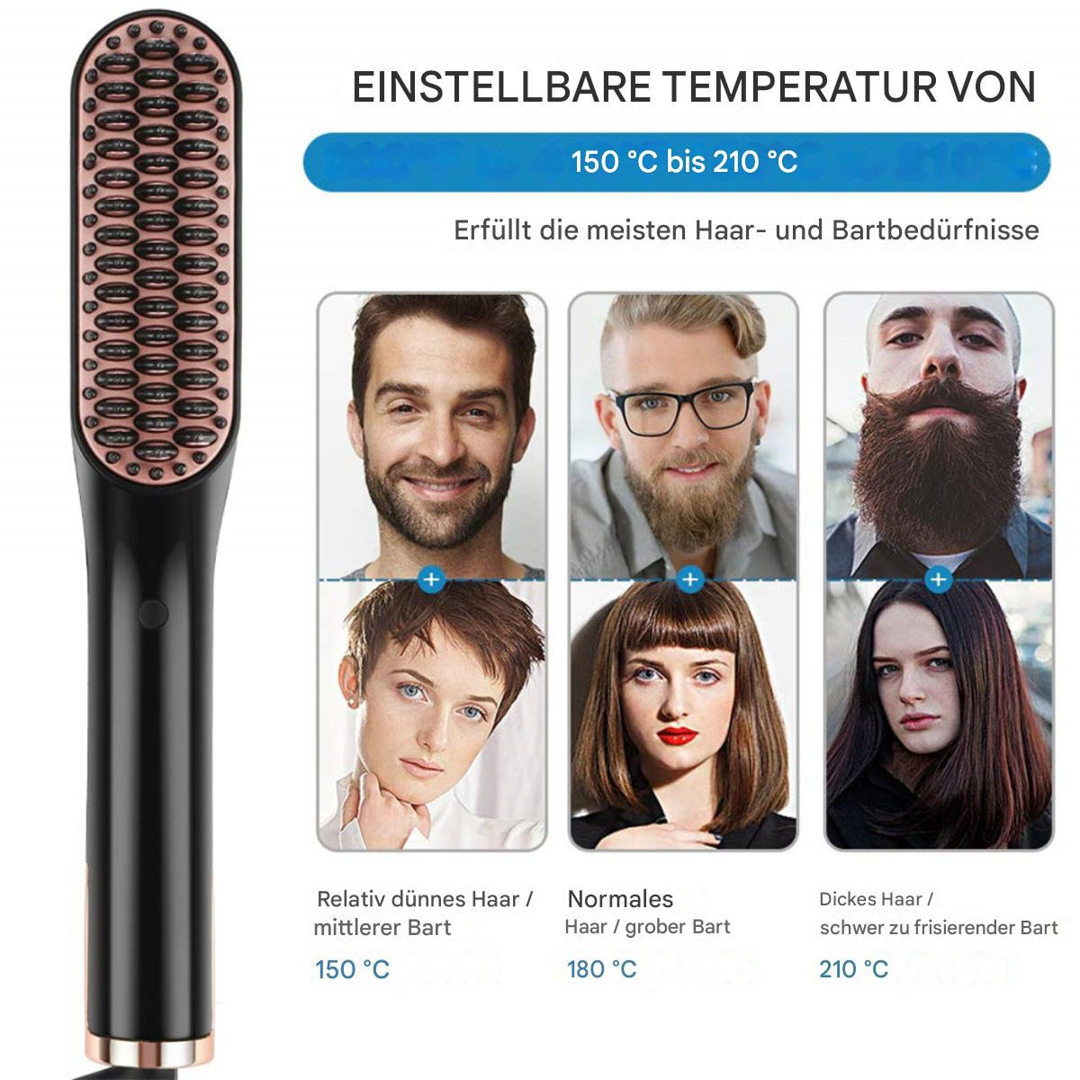 Schwarzer Haarglätter mit roségoldfarbenen Akzenten. Zeigt Gesichter mit verschiedenen Haartypen und Temperatureinstellungen von 150°C bis 210°C.