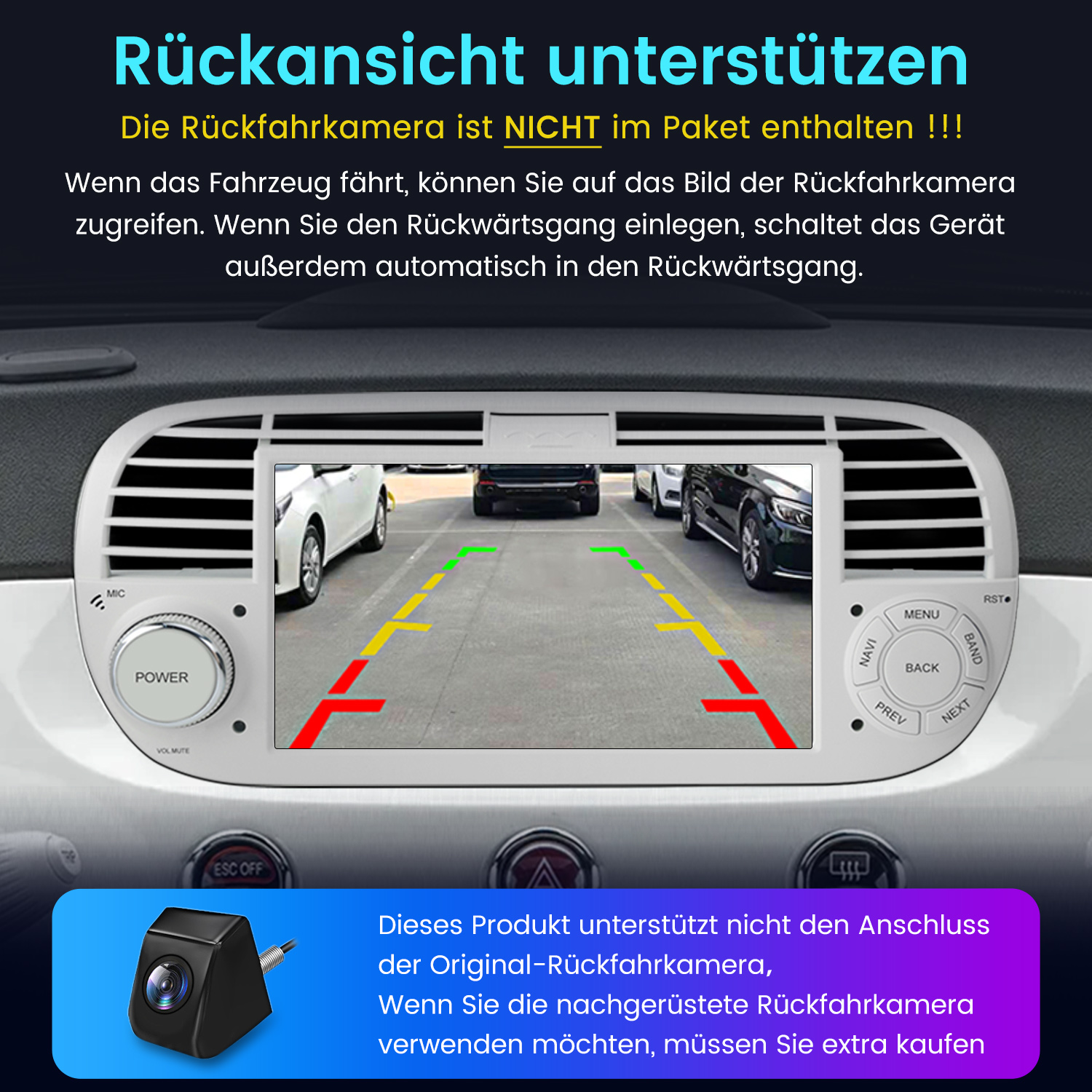 Das Armaturenbrett des Autos zeigt die Anzeige der Rückfahrkamera. Der Bildschirm zeigt Autos und Parklinien. Eine Kamera ist unten links.