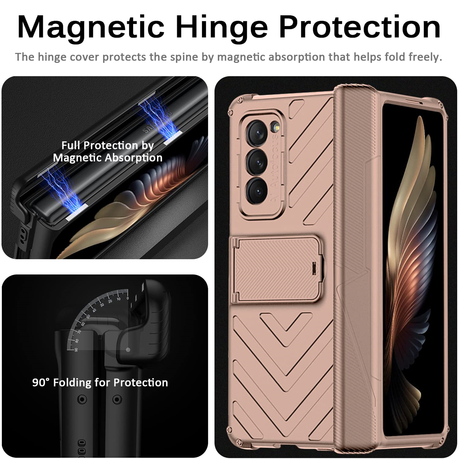Handyhülle mit magnetischem Scharnierschutz. Zeigt Falt- und Schutzfunktionen. Roségoldfarben, mit Details.