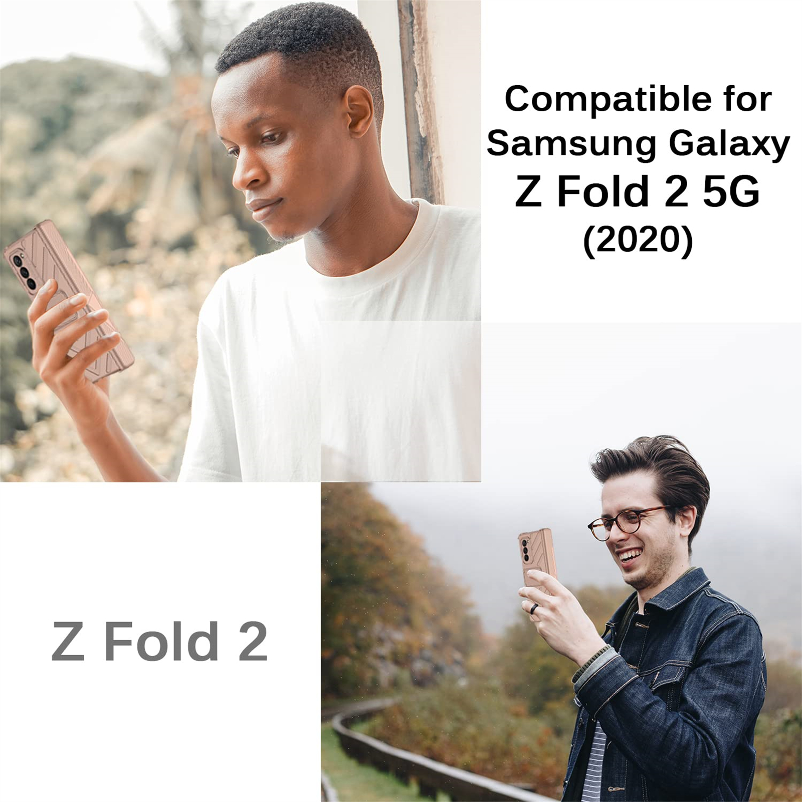 Zwei Personen halten Samsung Z Fold 2 Telefone. Ein Mann schaut auf das Telefon, der andere lächelt. Hintergrund ist Natur.