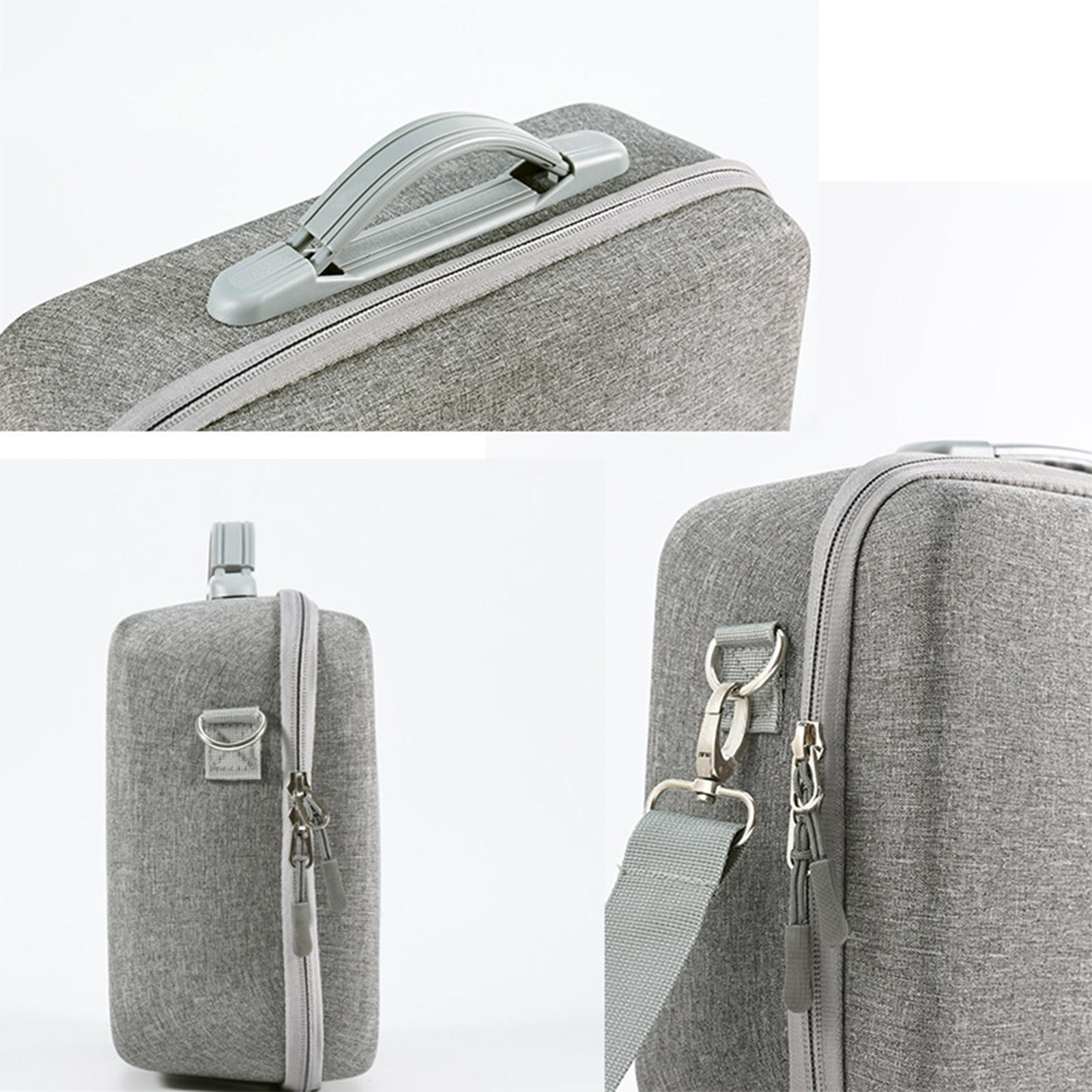 Graue Reisetasche mit Griff, Reißverschluss und Schultergurt. Nahaufnahmen von verschiedenen Teilen der Tasche.