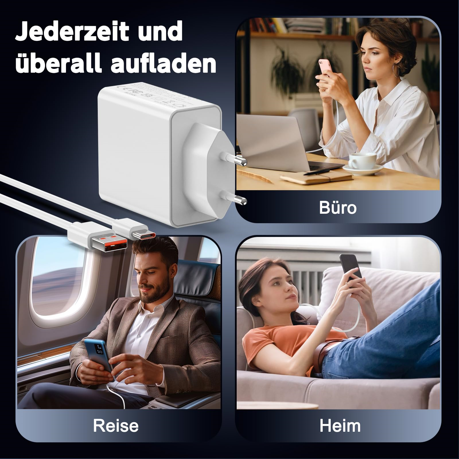 Weißes Ladegerät mit Kabel. Szenen: Büro, Flugzeug, Zuhause. Personen benutzen Telefone. Text: Laden Sie jederzeit und überall.