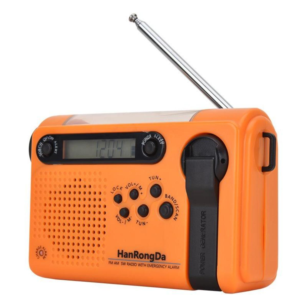 Ein orangefarbenes HanRongDa-Radio mit Digitalanzeige, Knöpfen und einer silbernen Antenne. Es hat eine schwarze Kurbel zur Stromerzeugung.