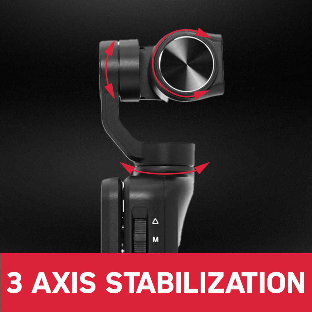 Czarny stabilizator 3-osiowy z czerwonymi strzałkami wskazującymi ruch, u dołu napis: '3 AXIS STABILIZATION'.