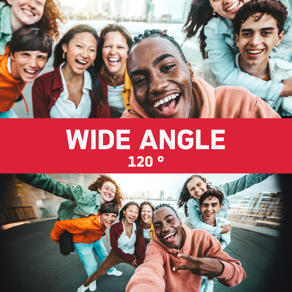 Grupa różnorodnych przyjaciół uśmiechniętych. Ujęcie szerokokątne z tekstem 'WIDE ANGLE 120°'.