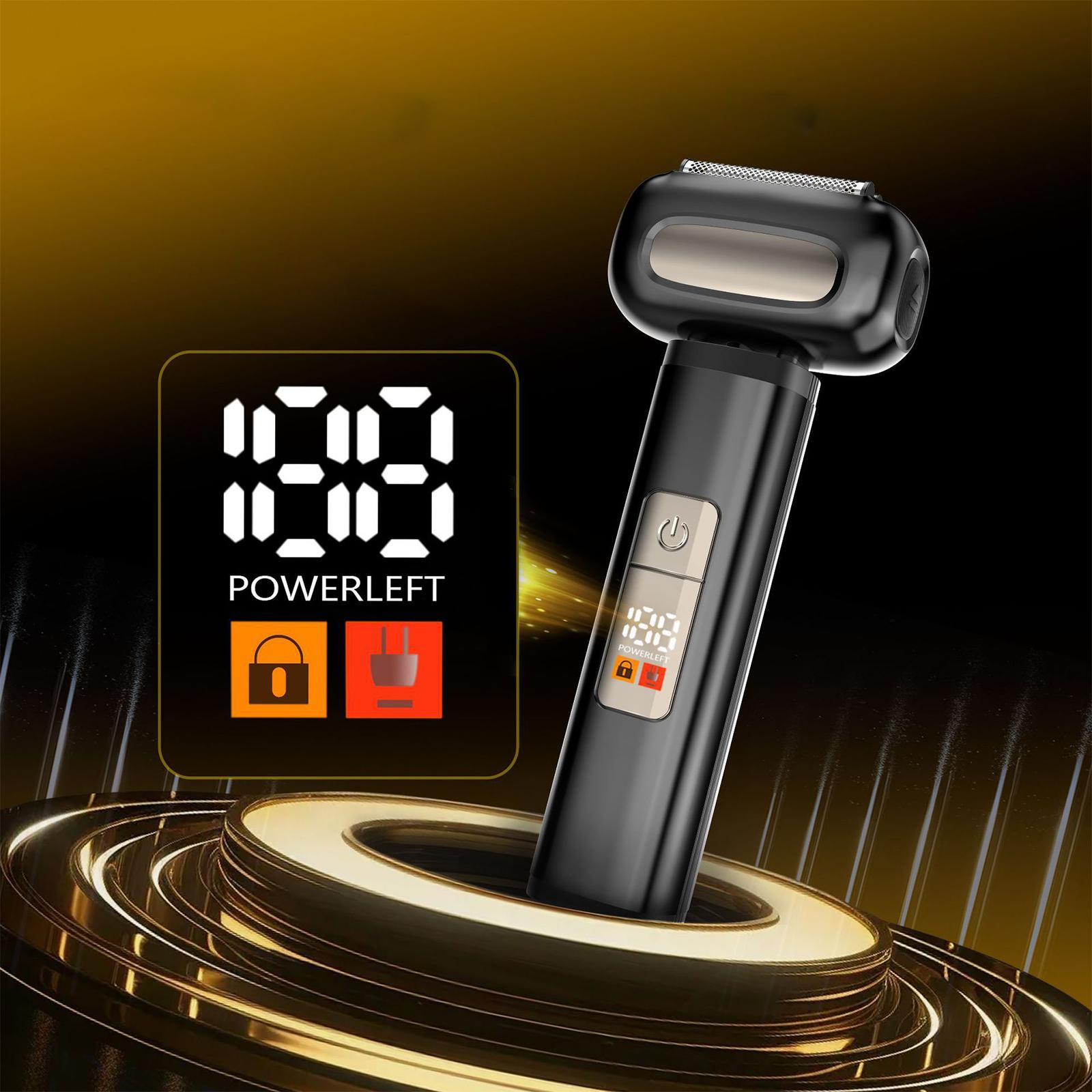 Schwarzer Elektrorasierer mit Display, das Batterie- und Schloss-Symbole anzeigt. Goldener Hintergrund mit abstrakten Formen.