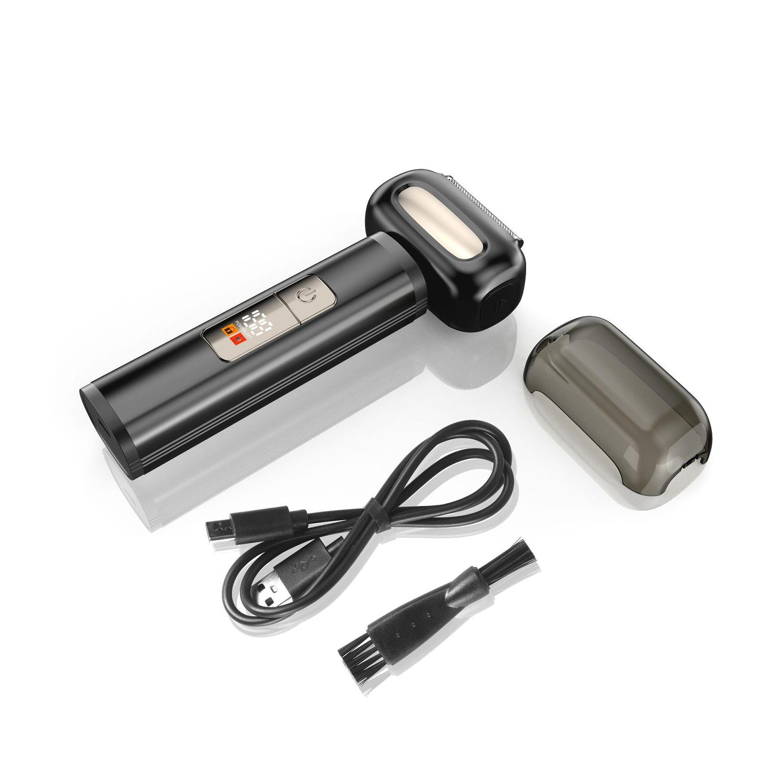 Schwarzer Elektrorasierer mit Zubehör: Ladekabel, Bürste und Schutzhülle, auf weißer Oberfläche.