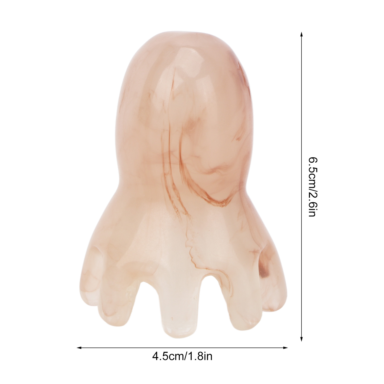 Ein hellbraunes, oktopusförmiges Massagegerät. Es ist 6,5 cm hoch und 4,5 cm breit, vor weißem Hintergrund.