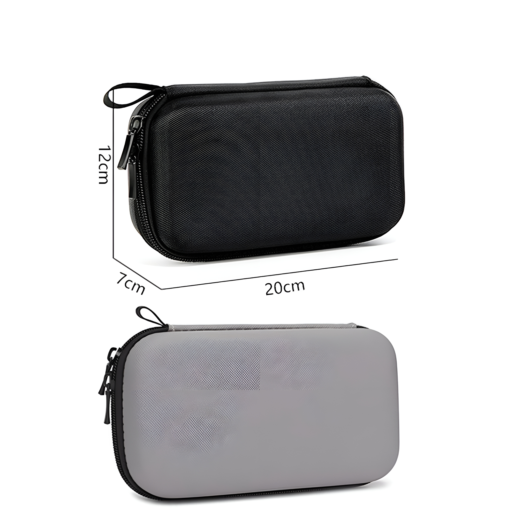 Zwei Reißverschlusstaschen, schwarz und grau. Schwarze Tasche misst 20x12x7cm. Graue Tasche unten. Weißer Hintergrund.