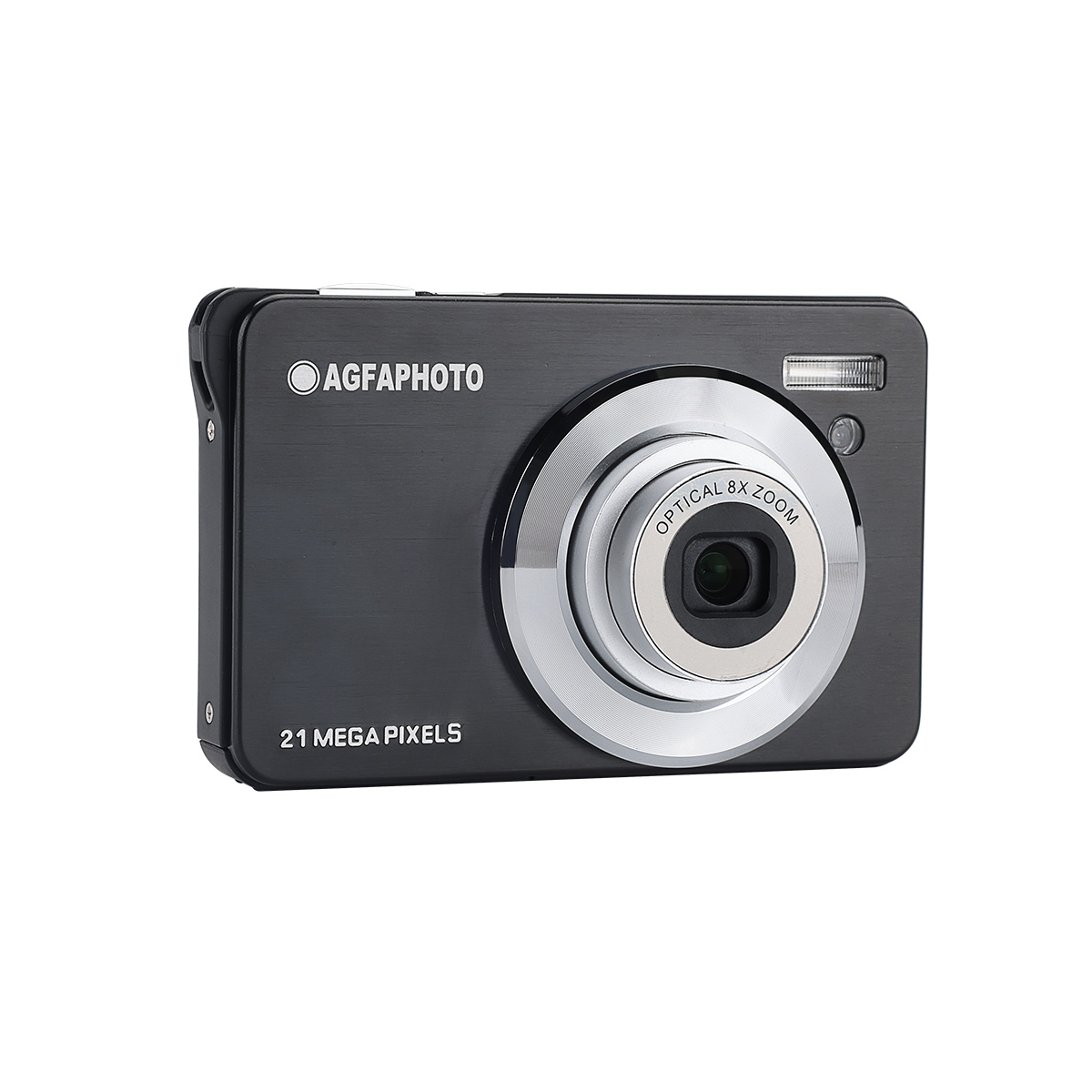 Schwarze AgfaPhoto-Kamera. Silbernes Objektiv, Blitz und Text: 21 Megapixel, Optischer 8x-Zoom. Isoliert auf weißem Hintergrund.