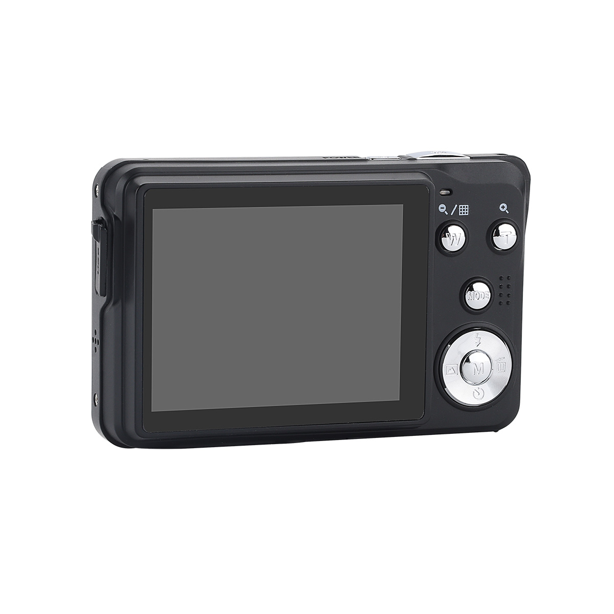 Schwarze Digitalkamera mit grauem Bildschirm und silbernen Knöpfen, isoliert auf weißem Hintergrund.