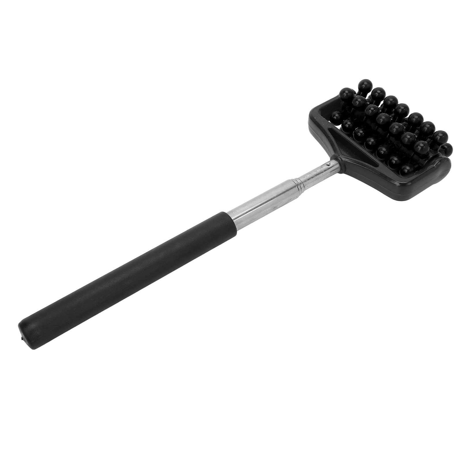 Ein schwarzes Massagegerät mit Griff. Der Kopf hat schwarze, abgerundete Noppen. Der Griff ist schwarz und silber.