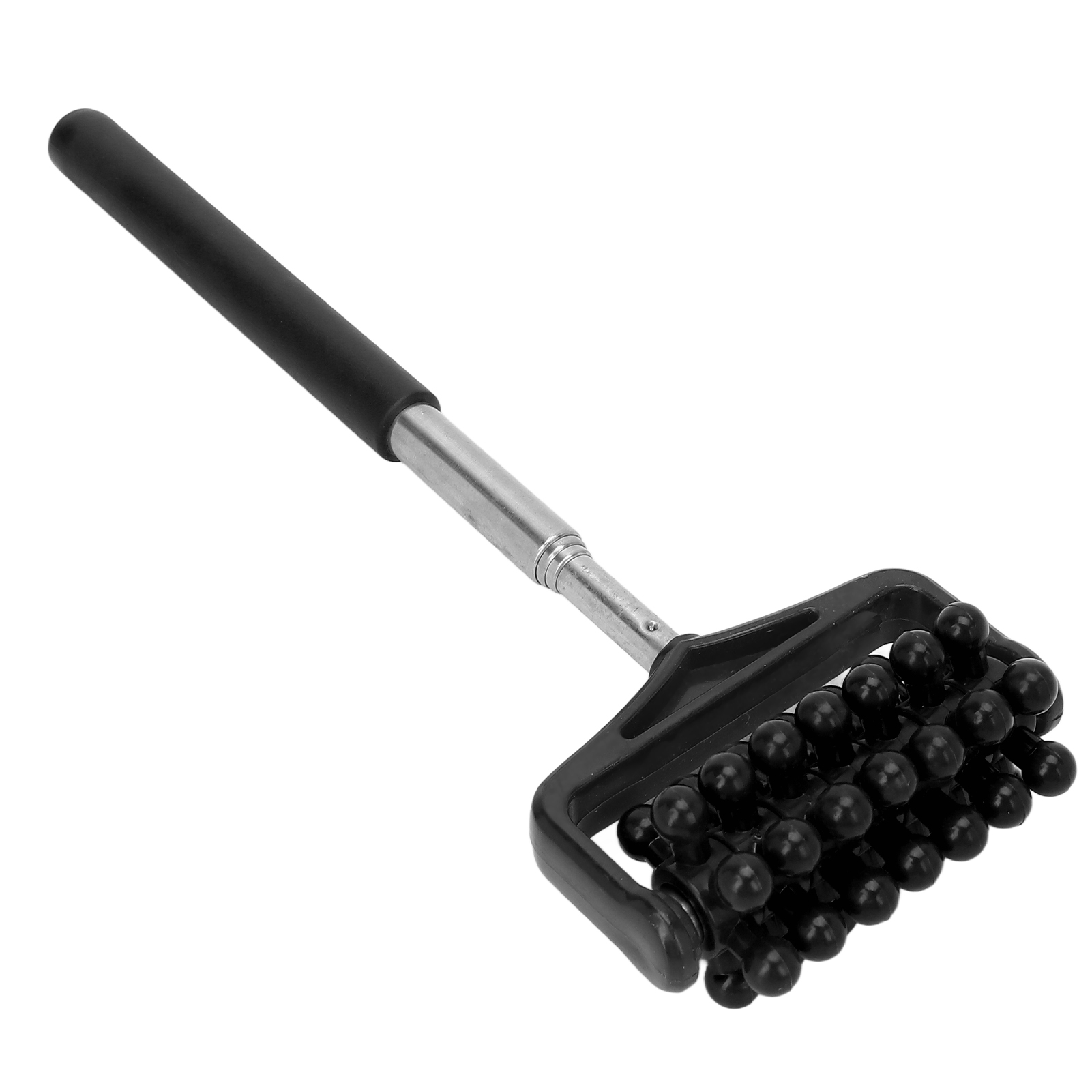 Schwarzes Massagegerät mit Griff, Metallstange und schwarz kugelbedeckter Rolle. Isoliert auf Weiß.