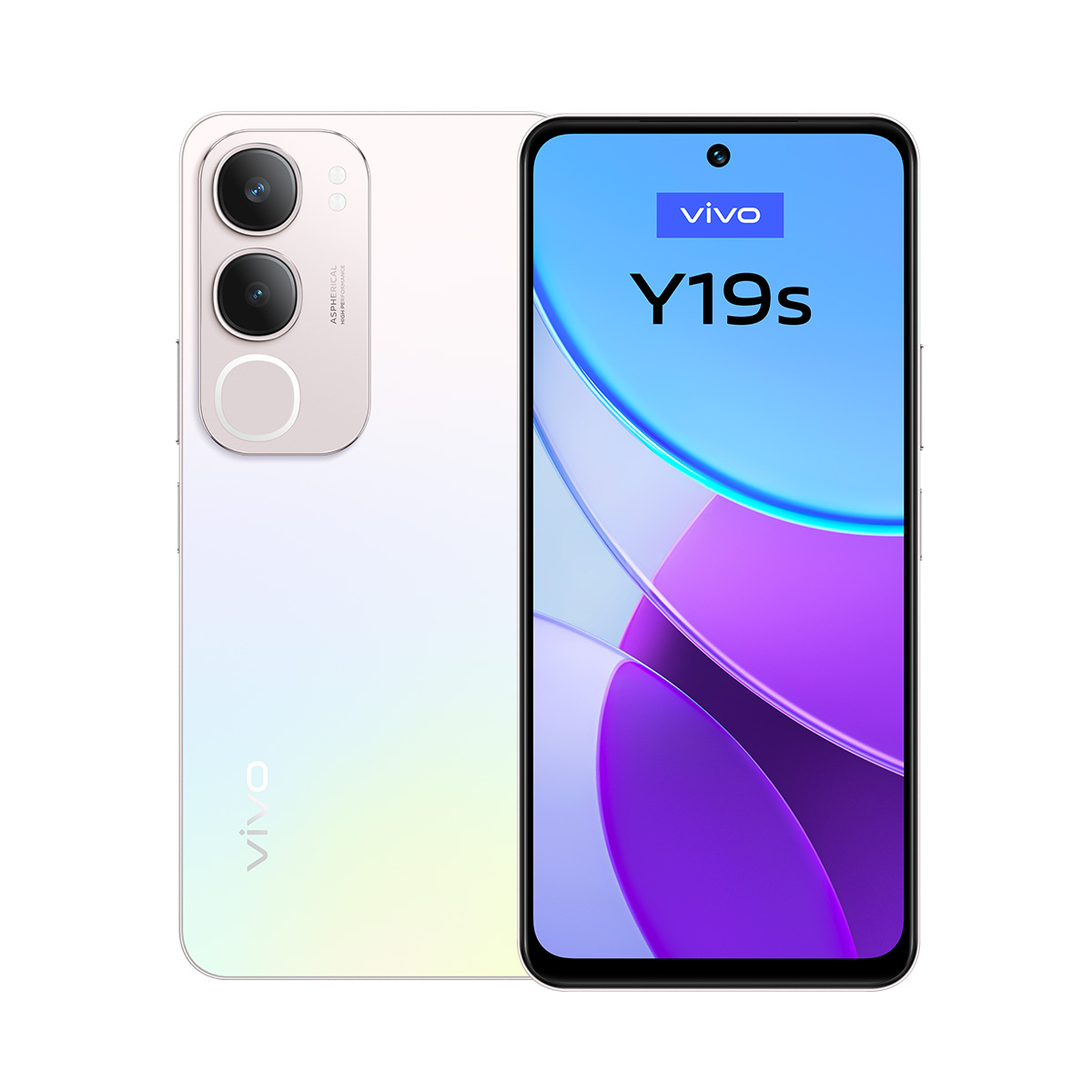 Beyaz bir Vivo Y19s akıllı telefon. Üçlü kamera sistemine, Vivo logosu ve Y19s metnini gösteren bir ekrana sahip.