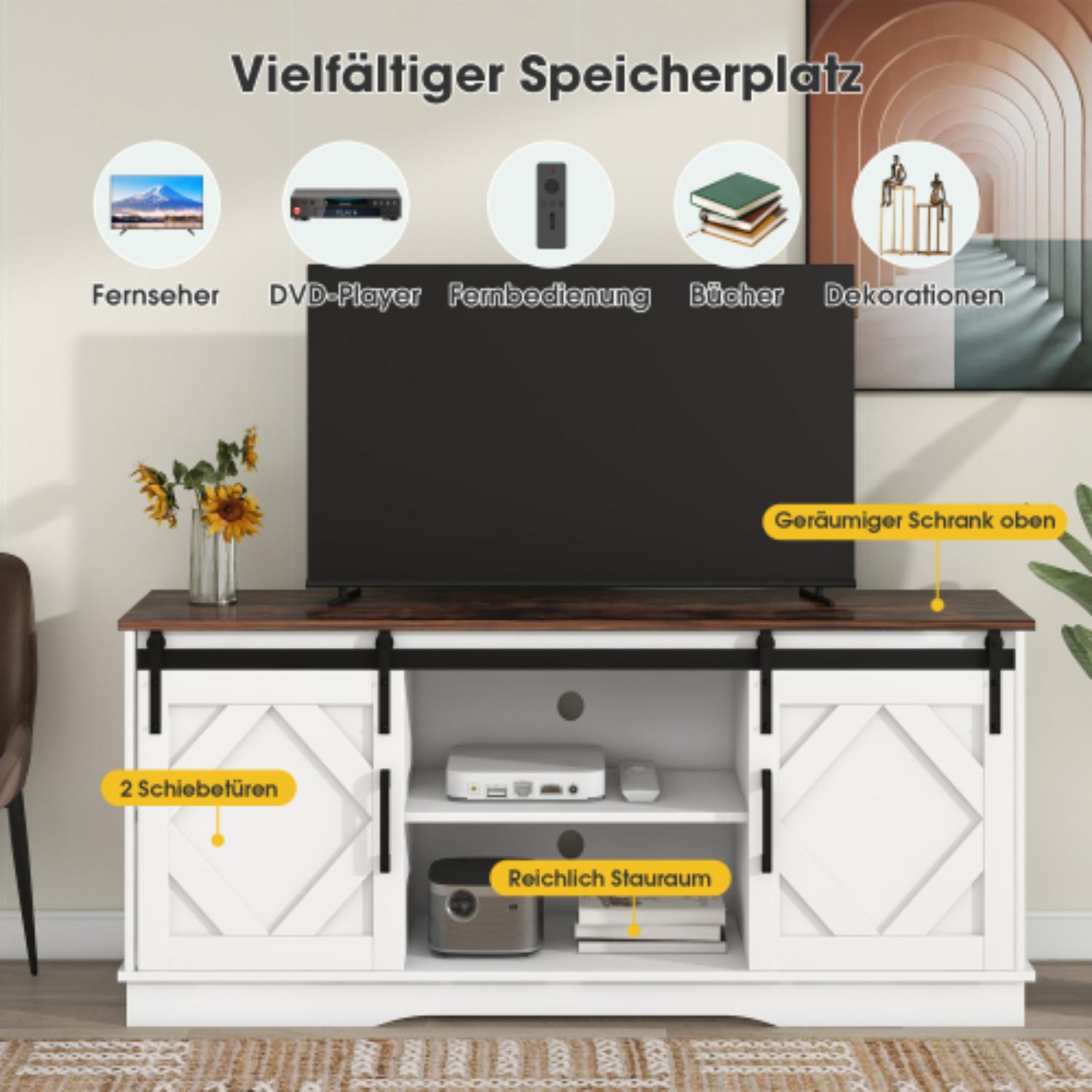 Ein weißer und brauner TV-Ständer mit Schiebetüren. Er enthält einen Fernseher, DVD-Player, Fernbedienung, Bücher und Dekorationen.