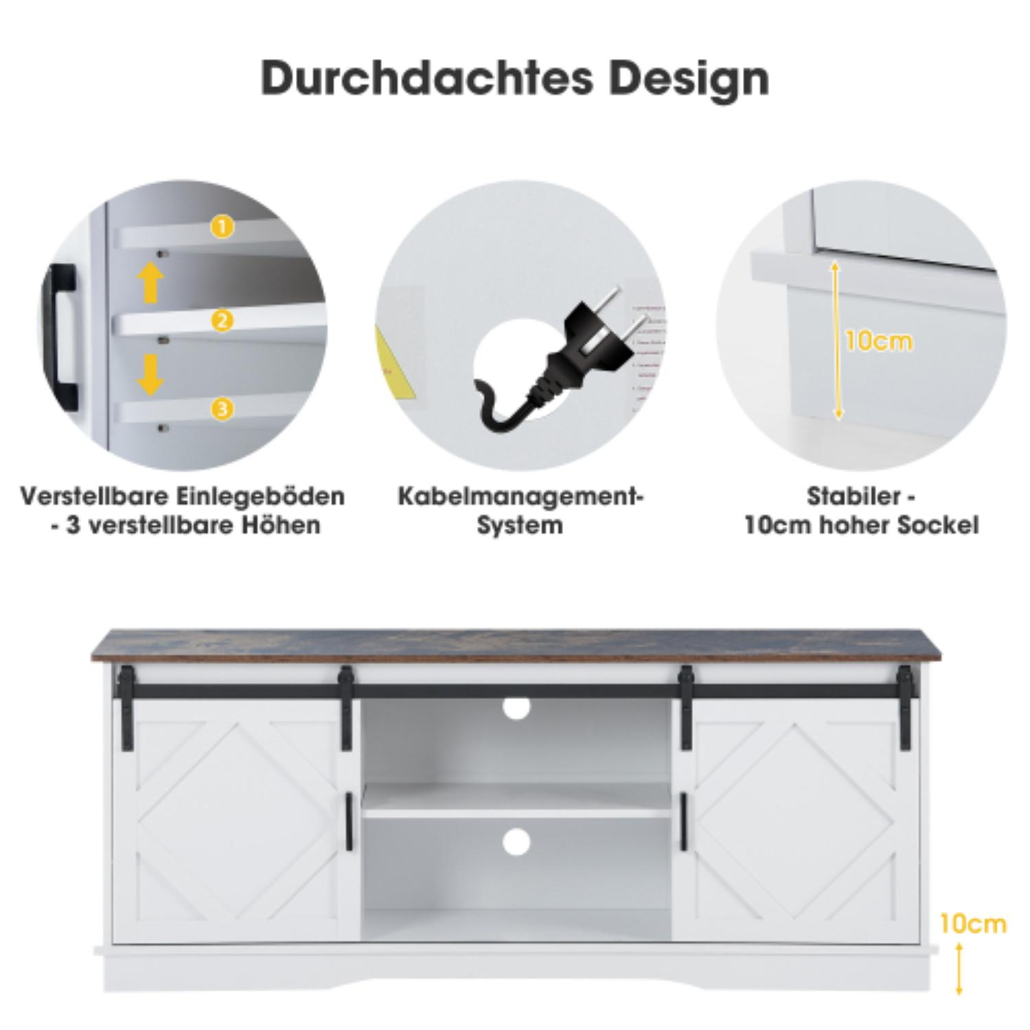 Ein weiß-brauner TV-Ständer mit Schiebetüren. Details umfassen verstellbare Einlegeböden, Kabelmanagement und eine 10 cm hohe Basis.
