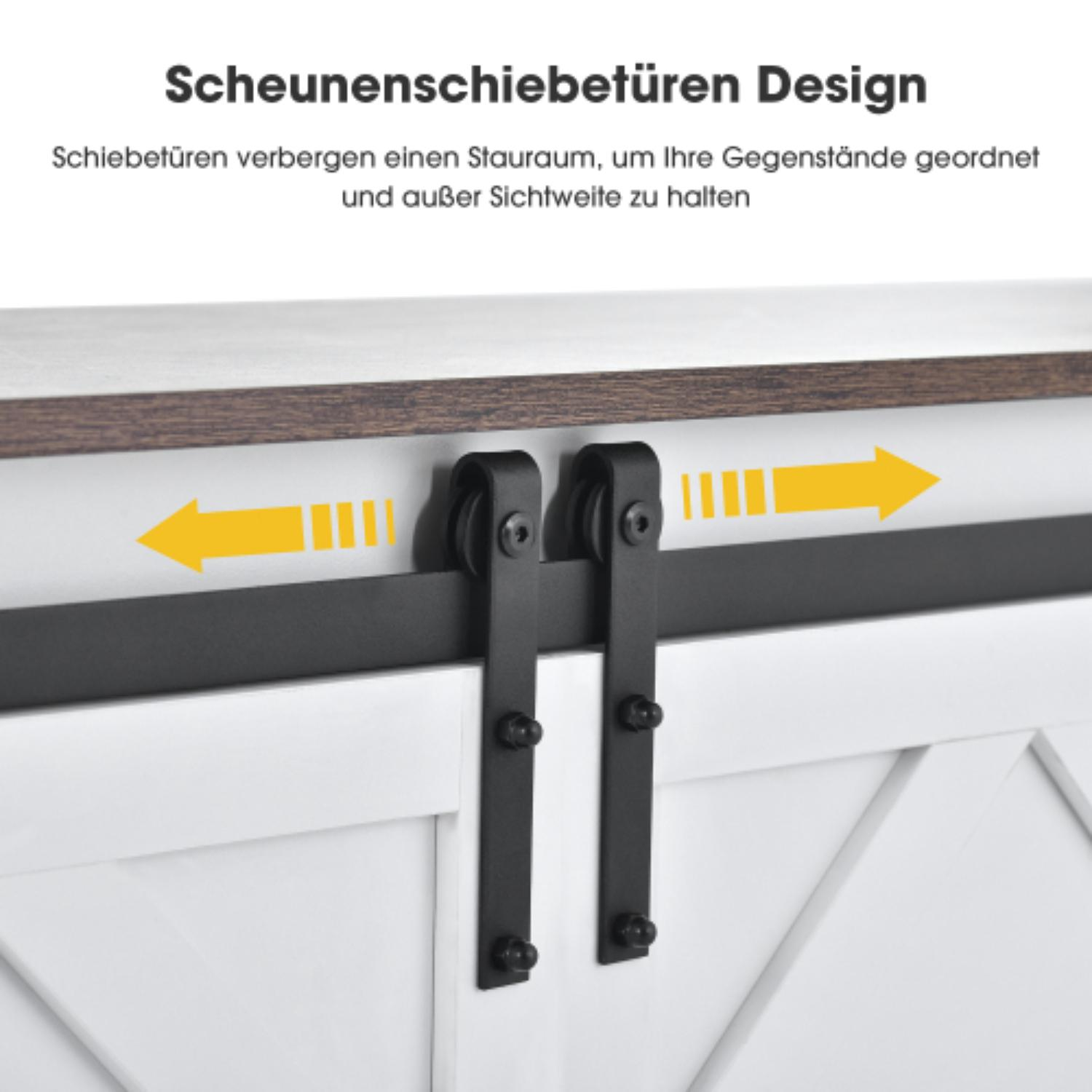 Weißer Schrank mit schwarzer Schiebetürbeschlägen. Pfeile zeigen die Türbewegung. Text oben: 'Scheunenschiebetüren Design'.