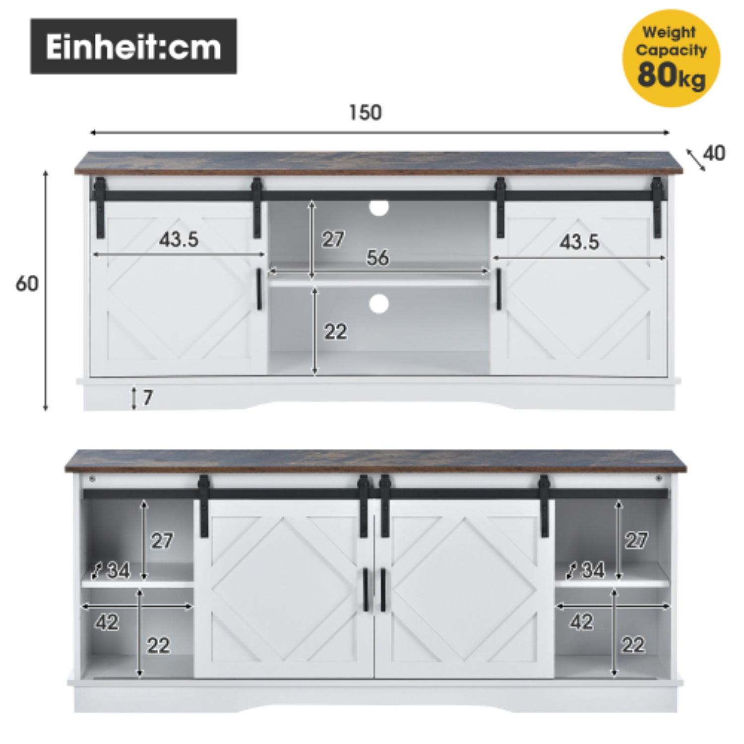 Weißer Schrank mit cm-Maßen. Hat dunkle Oberseite und Schiebetüren. Kapazität 80 kg.