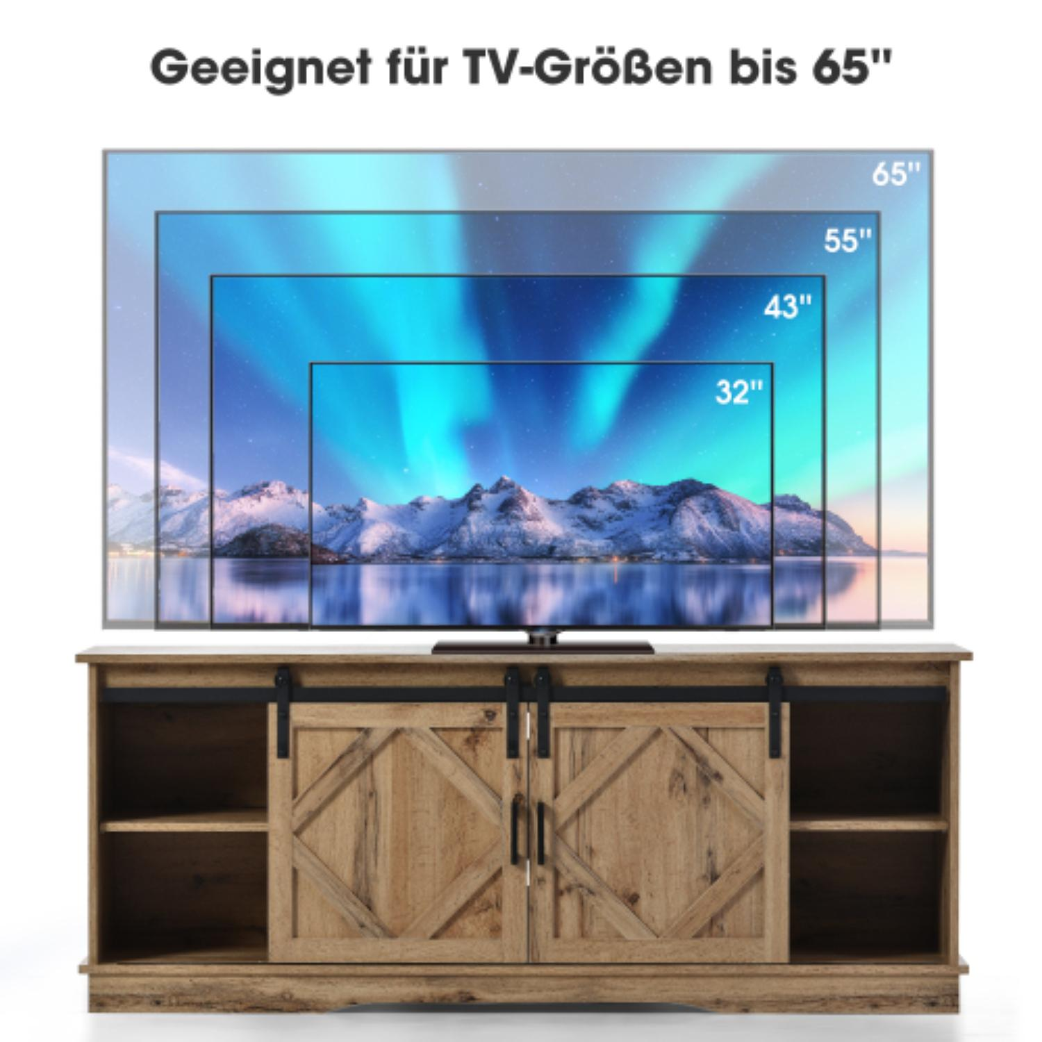Ein TV-Schrank aus Holz mit einem Fernseher, der Größen von 32", 43", 55" und 65" zeigt. Der Fernseher zeigt eine Berglandschaft mit Nordlichtern.