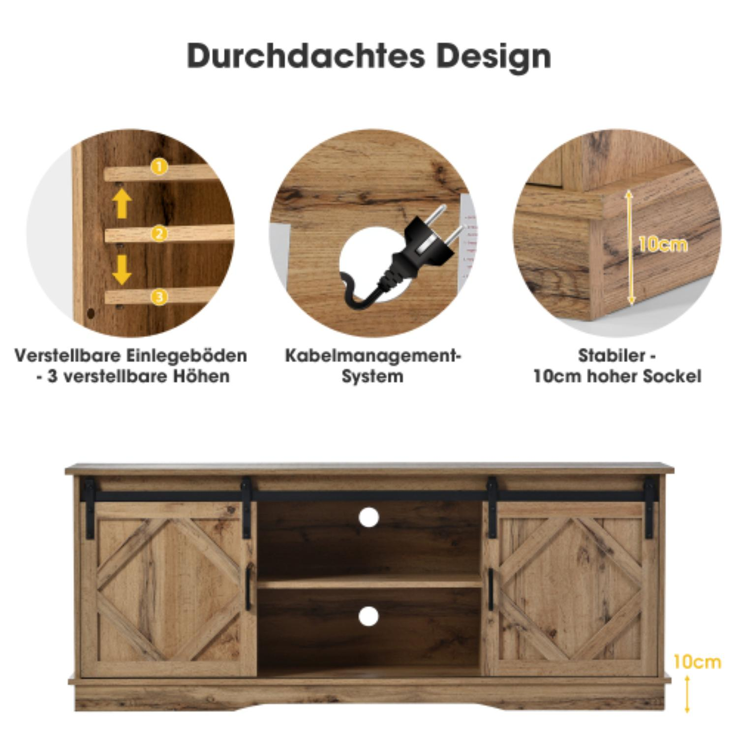 TV-Schrank aus Holz mit verstellbaren Einlegeböden, Kabelmanagement und Schiebetüren. Details zeigen Abmessungen und Merkmale.