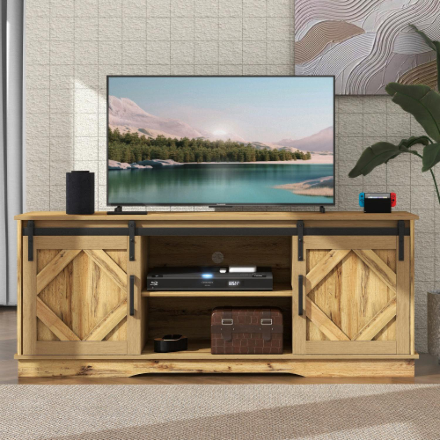 Ein TV-Ständer aus Holz mit Schiebetüren, einem Fernseher oben drauf und Dekoration. Rechts ist eine Pflanze.