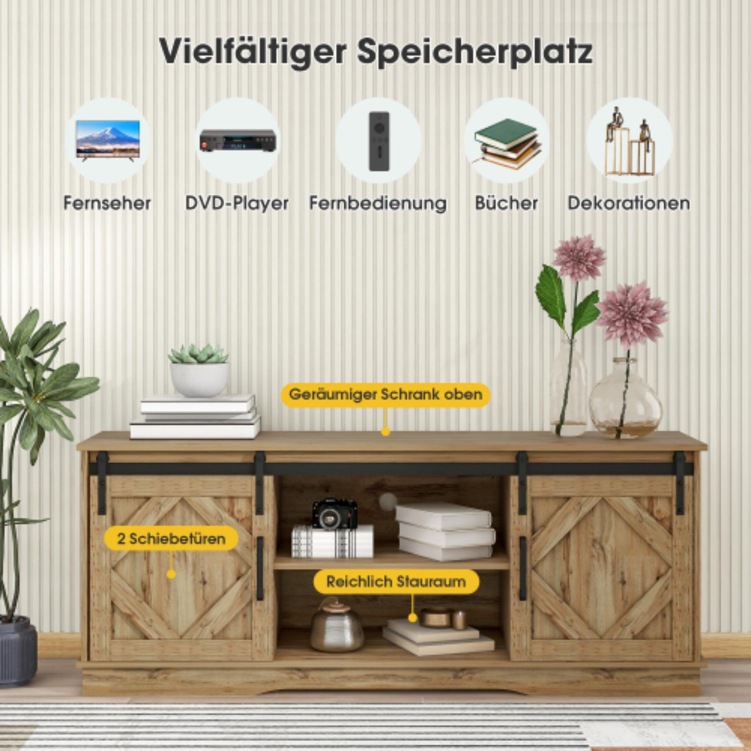 Holzschrank mit Schiebetüren, mit Büchern, einer Kamera und Deko. Oben Icons von TV, DVD-Player, Fernbedienung und Bücher.