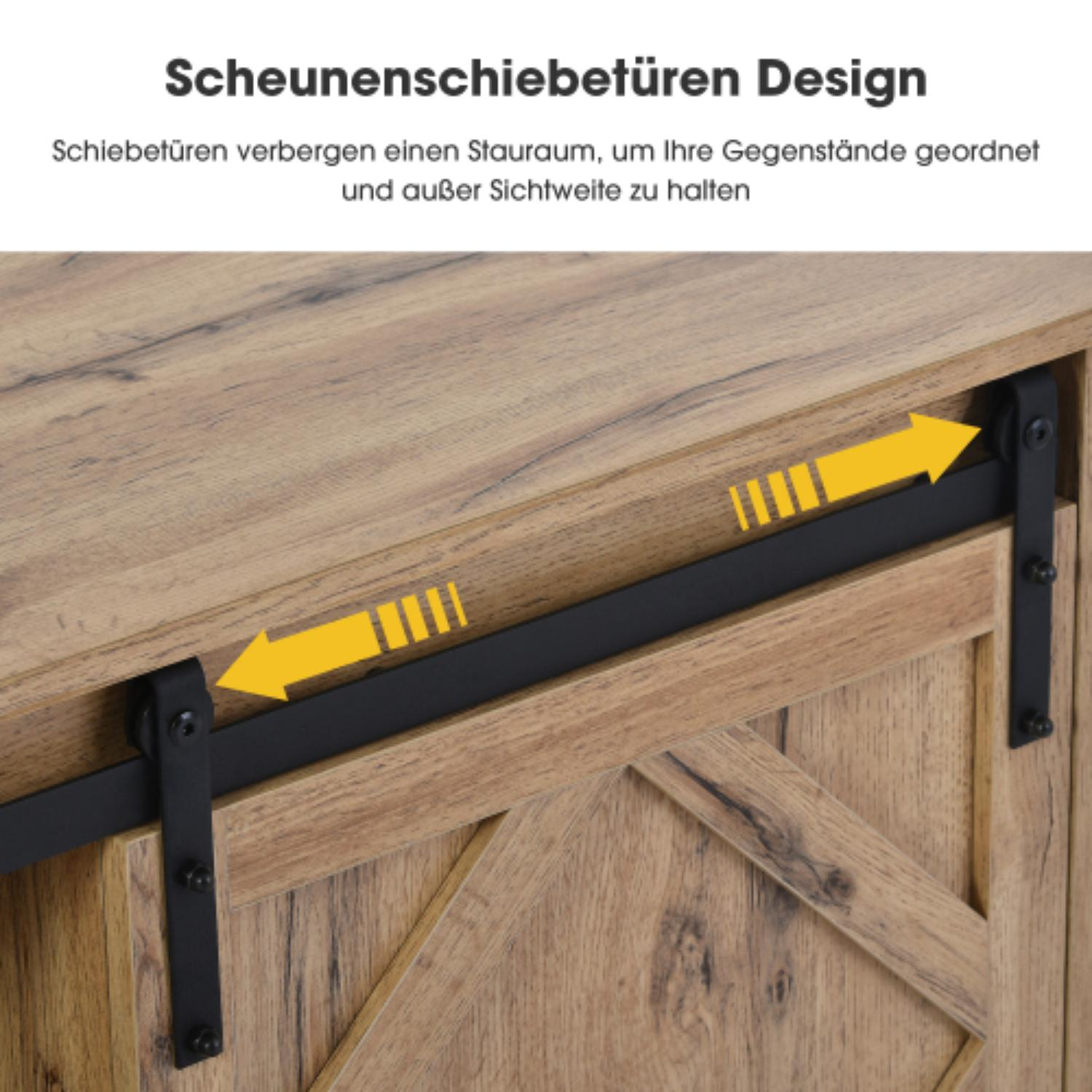 Holzschrank mit Scheunentür-Design. Schwarze Hardware und gelbe Pfeile, die die Schiebebewegung anzeigen.