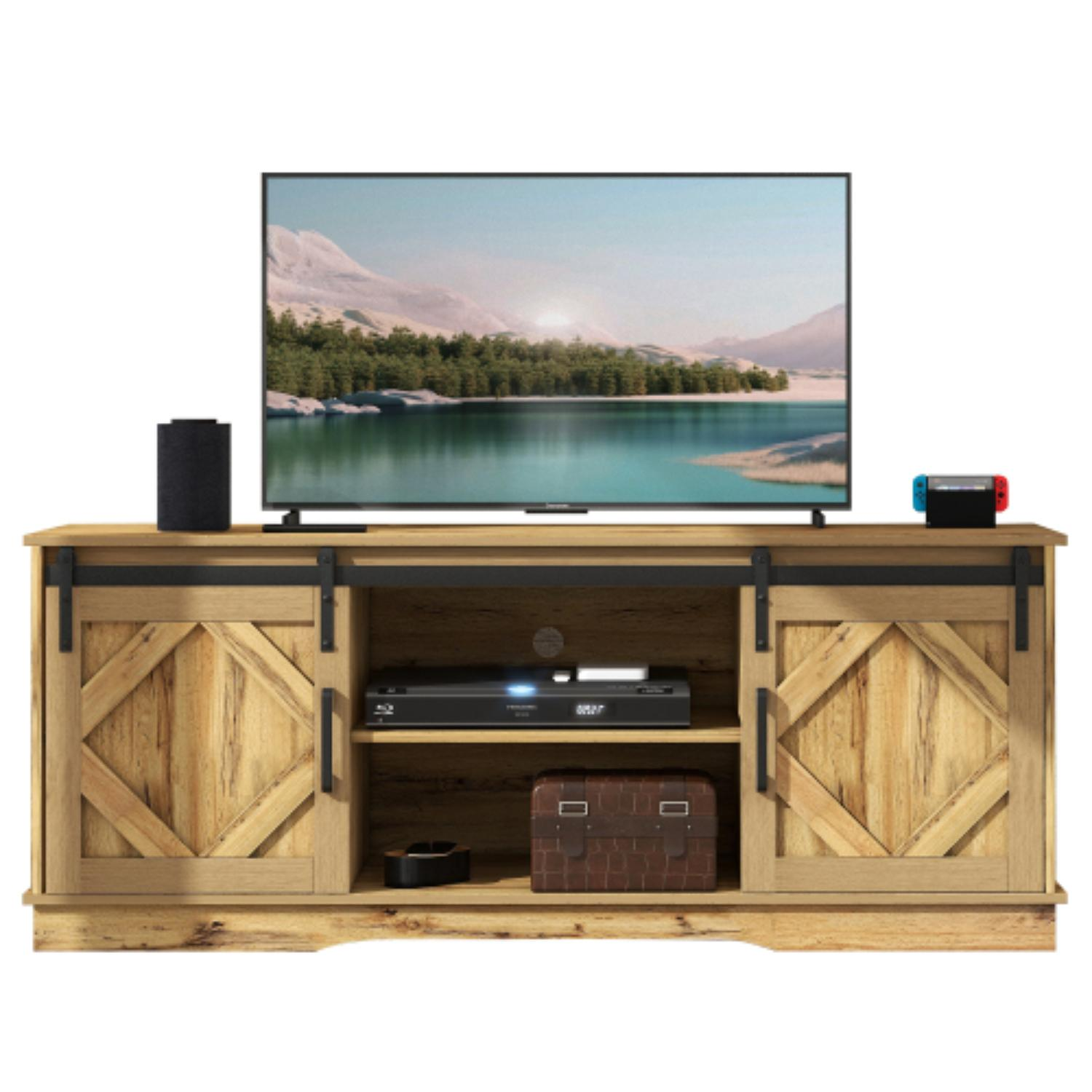 TV auf einem Holzschrank. Der Schrank hat Schiebetüren. Es gibt einen Lautsprecher, eine Spielkonsole und einen DVD-Player.