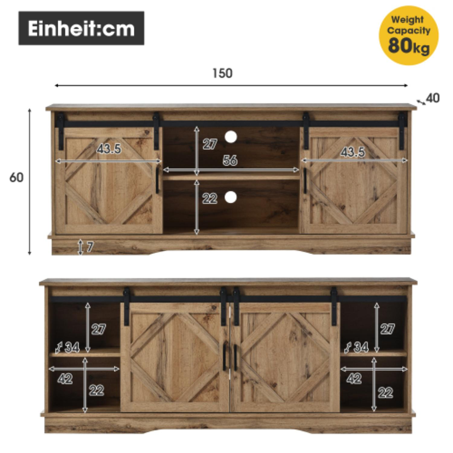 Holzschrank mit Schiebetüren, Maße beschriftet. Inklusive Tragfähigkeit von 80 kg. Maßeinheit cm.